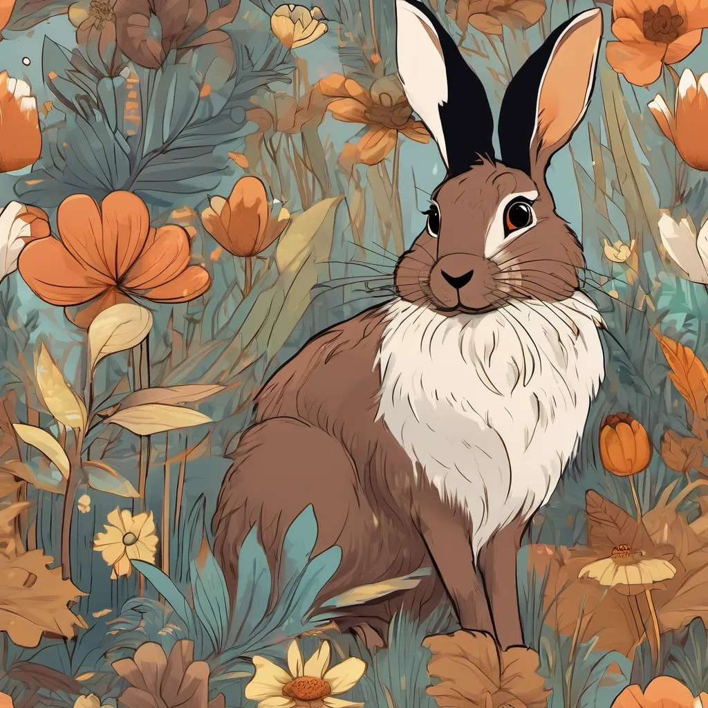 Curious hare with cocoa-brown fur and a friendly stare, full of admiration for Cawleen the hare listening intently as Clever crow with black feathers and sparkling eyes, full of personality and wit the crow explains how she got the water, both animals appearing friendly.