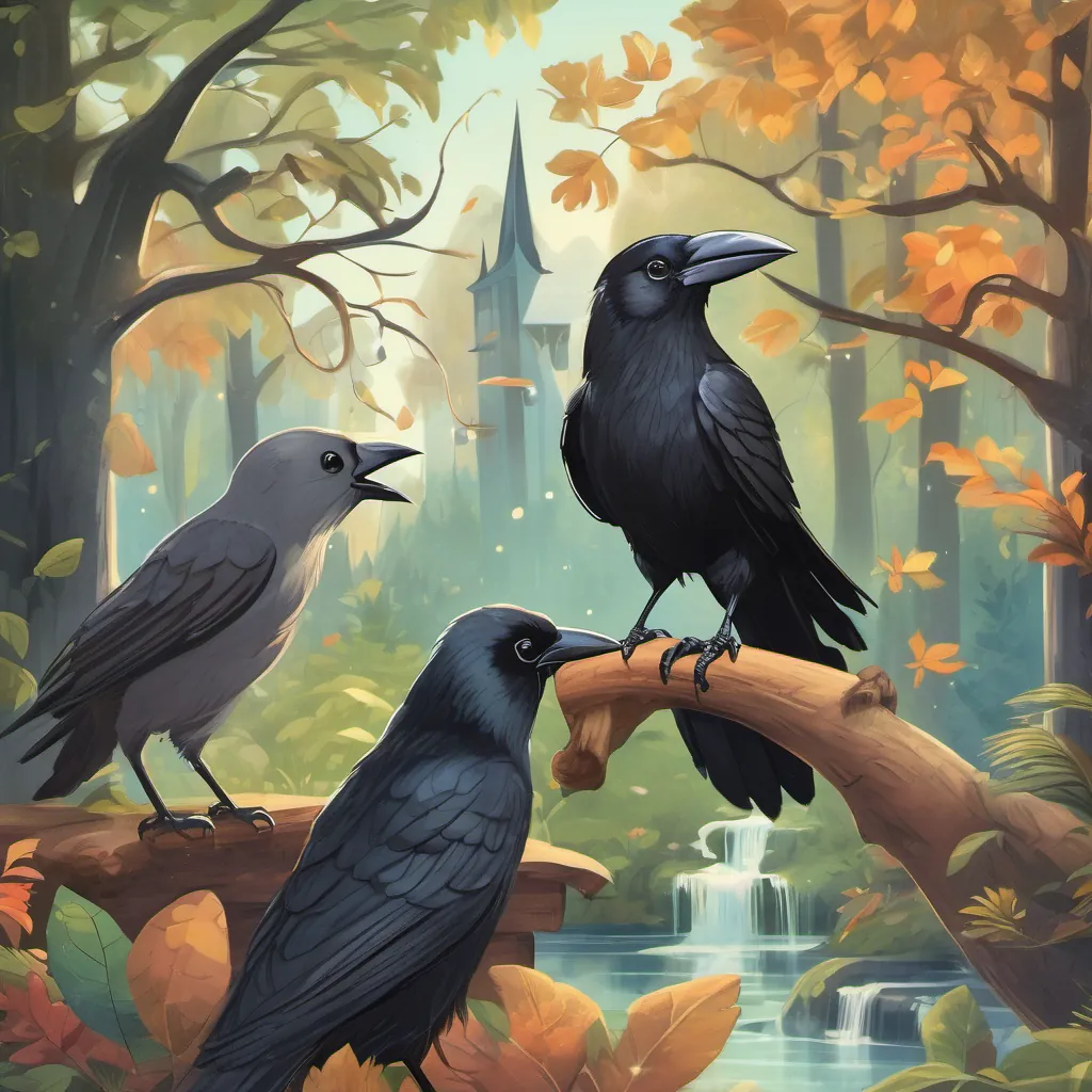 A depiction of various forest animals sharing the story of Clever crow with black feathers and sparkling eyes, full of personality and wit the crow and the water pitcher, all looking amazed and happy.