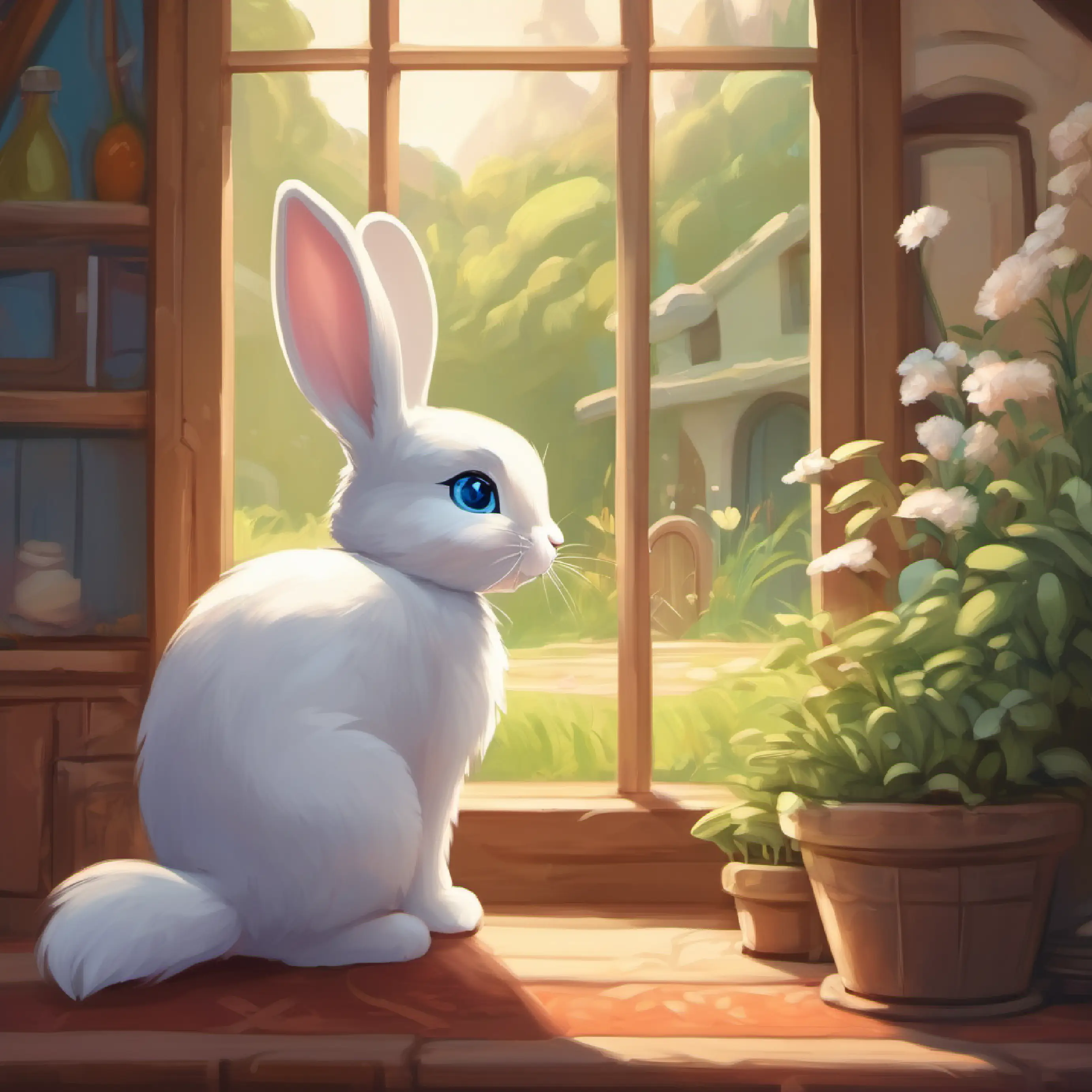 Introduction to Little bunny with soft white fur and curious blue eyes and her home, Meadowville.