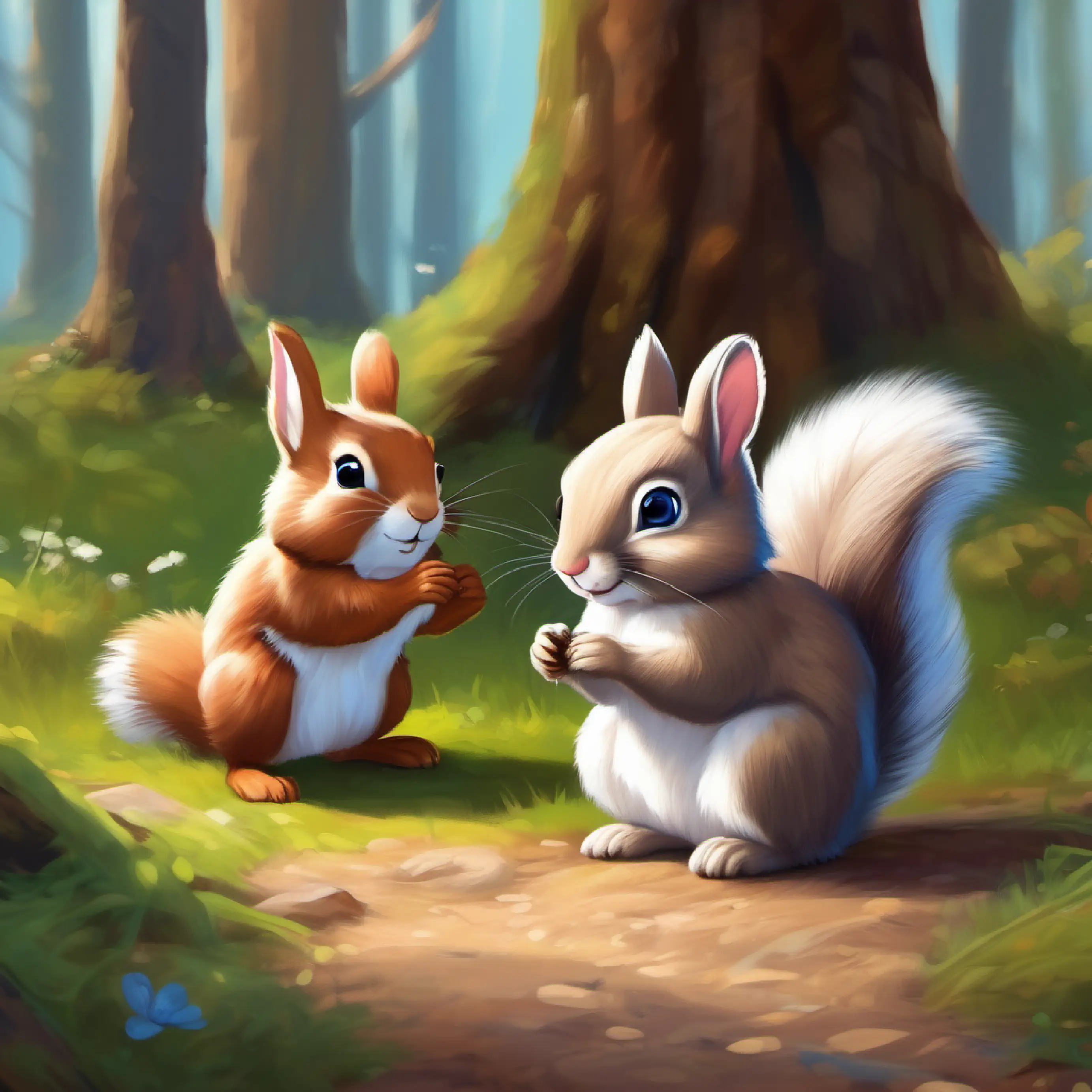 Little bunny with soft white fur and curious blue eyes meets Shy squirrel, brown fur, very quick and agile the Squirrel while searching for friends.