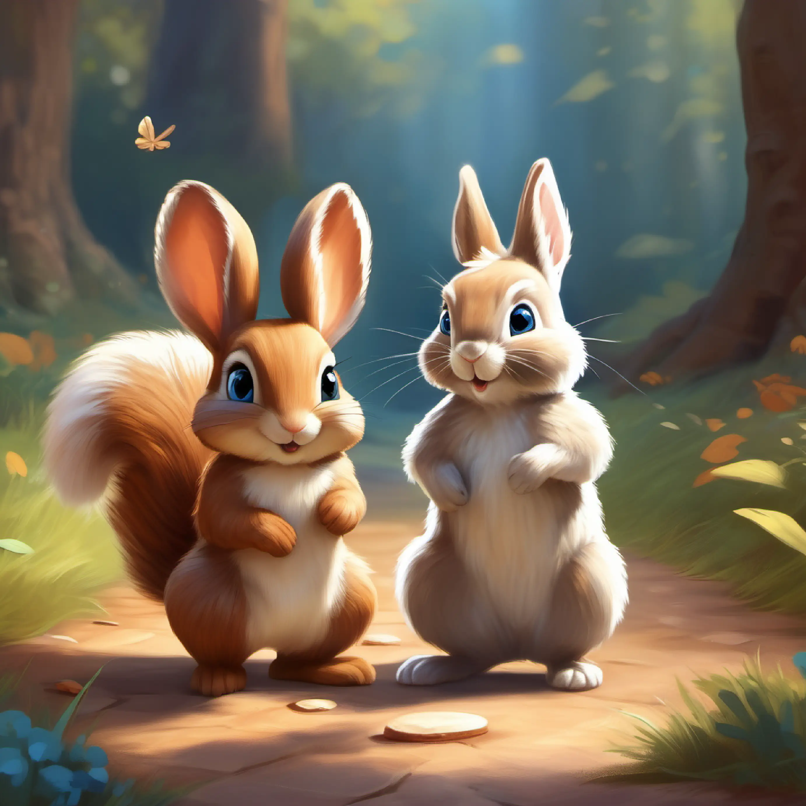 Little bunny with soft white fur and curious blue eyes's first interaction with Shy squirrel, brown fur, very quick and agile, hopscotch invitation.