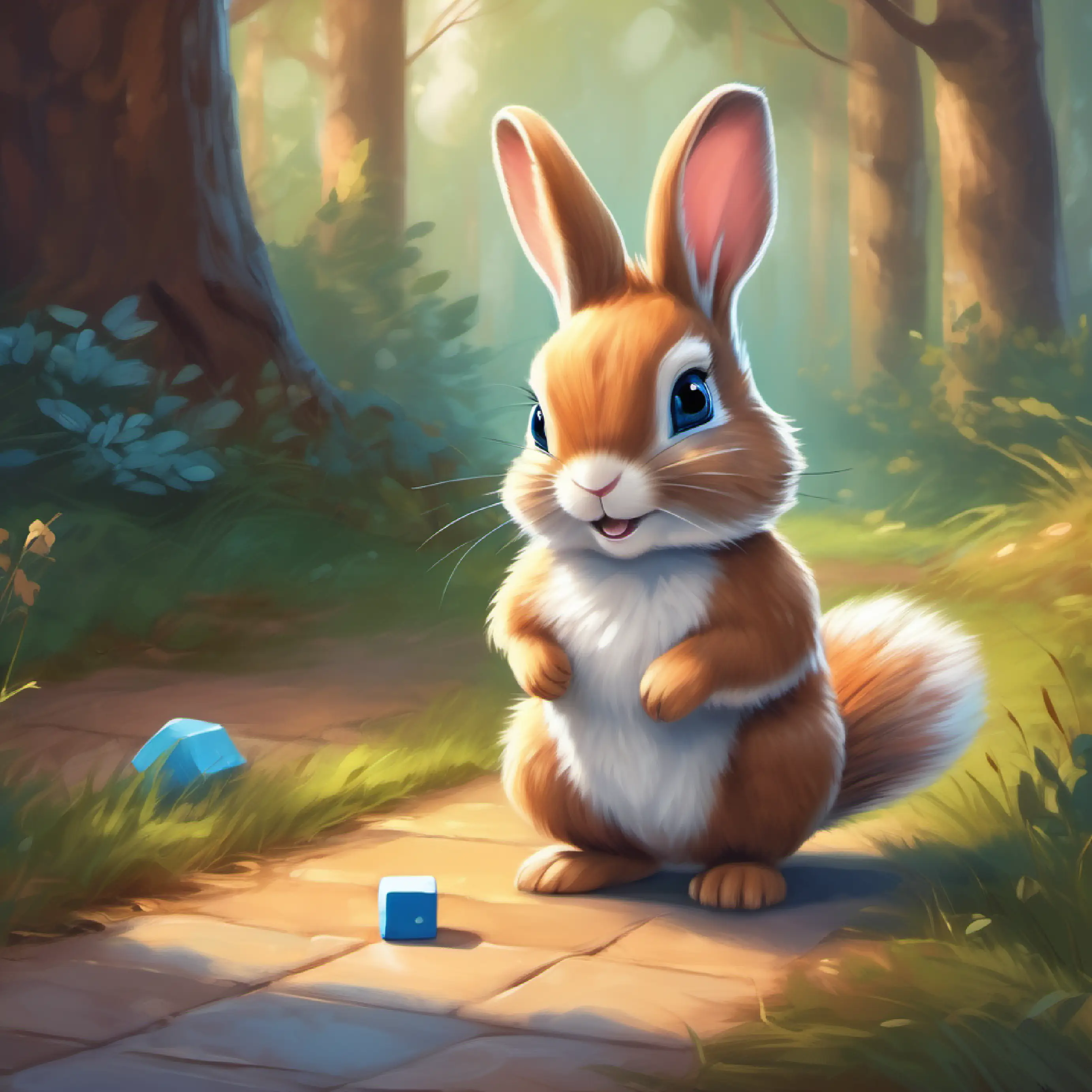 Little bunny with soft white fur and curious blue eyes encourages Shy squirrel, brown fur, very quick and agile to try hopscotch, and they have fun.