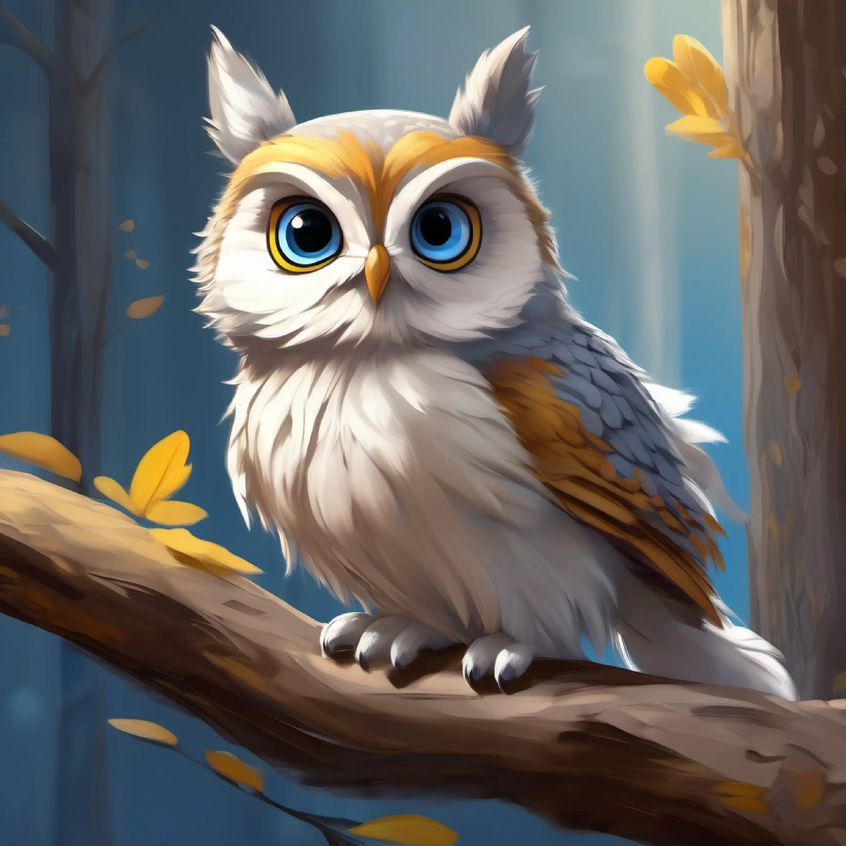 Little bunny with soft white fur and curious blue eyes and Shy squirrel, brown fur, very quick and agile meet Wise owl, grey feathers, big yellow eyes, afraid of heights the Owl, who is afraid to come down.