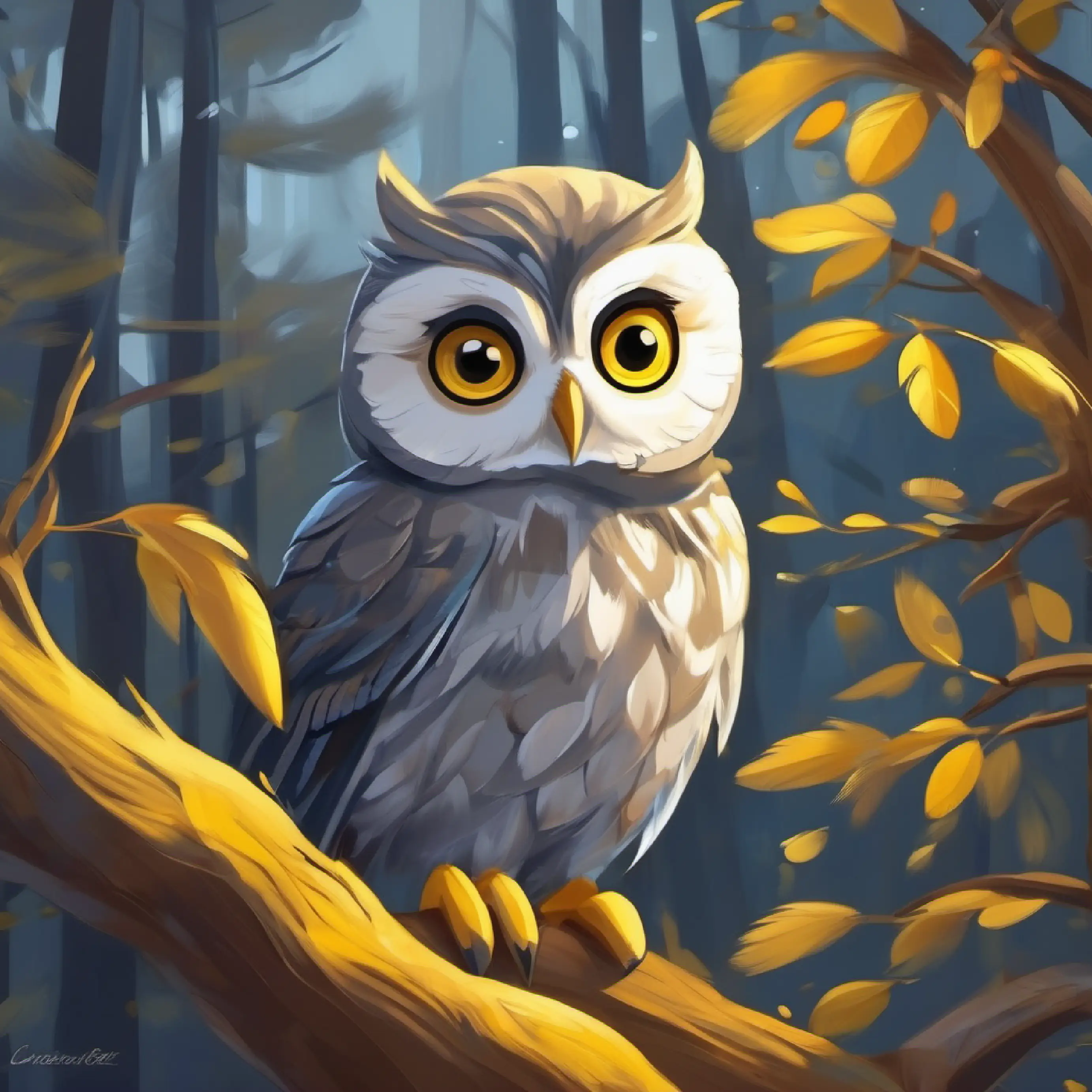 They play hide and seek, and Wise owl, grey feathers, big yellow eyes, afraid of heights learns to have fun.