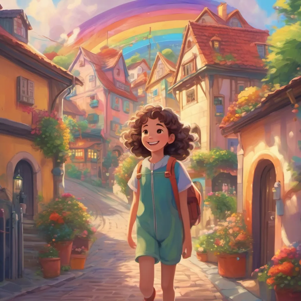 A quaint town with colorful houses under a rainbow sky, and a cheerful girl named A cheerful, playful girl with curly hair, wearing colorful pajamas bouncing with excitement.