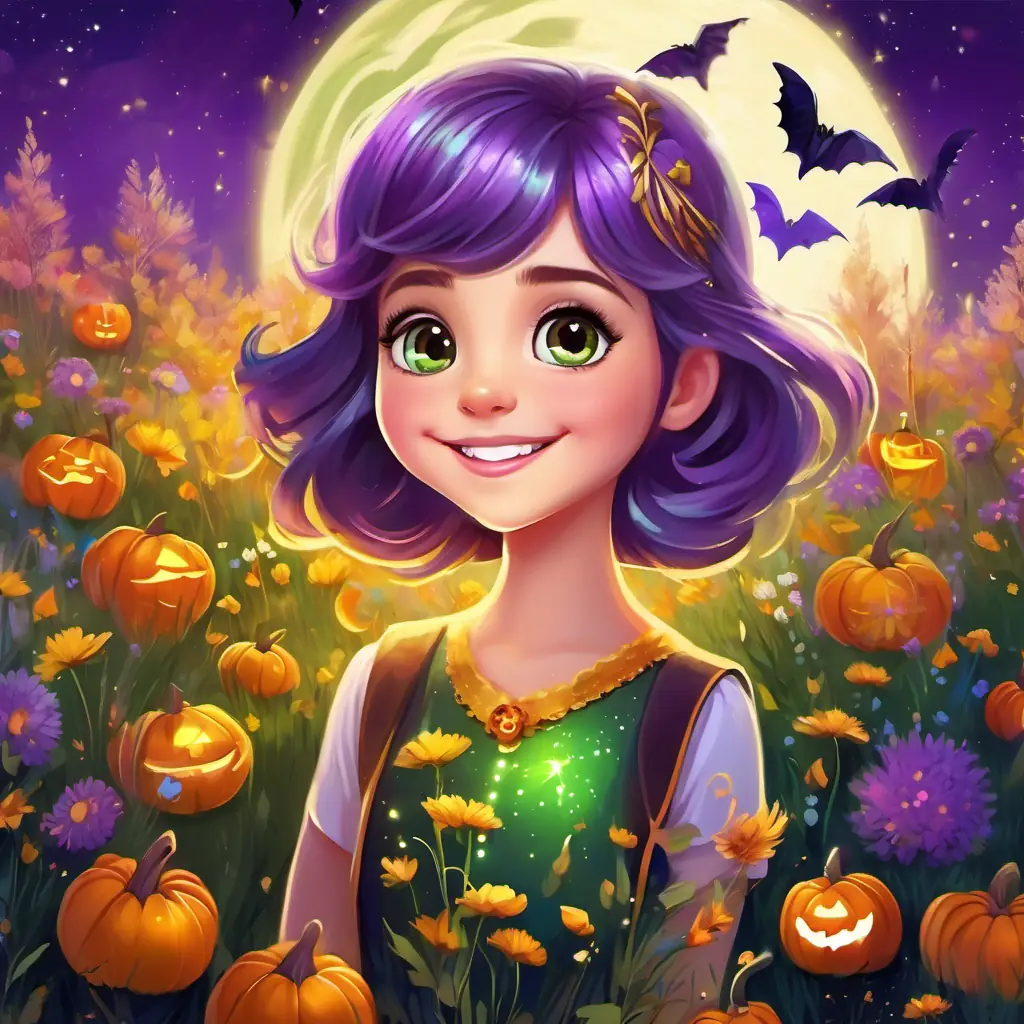 Moonbeam Meadow with vibrant wildflowers, Brown hair, sparkly green eyes, always smiling, lively and kind-hearted giggling, Shimmering purple hair, twinkling golden eyes, always sparkling and dancing, magical and zesty creating colorful sparkles