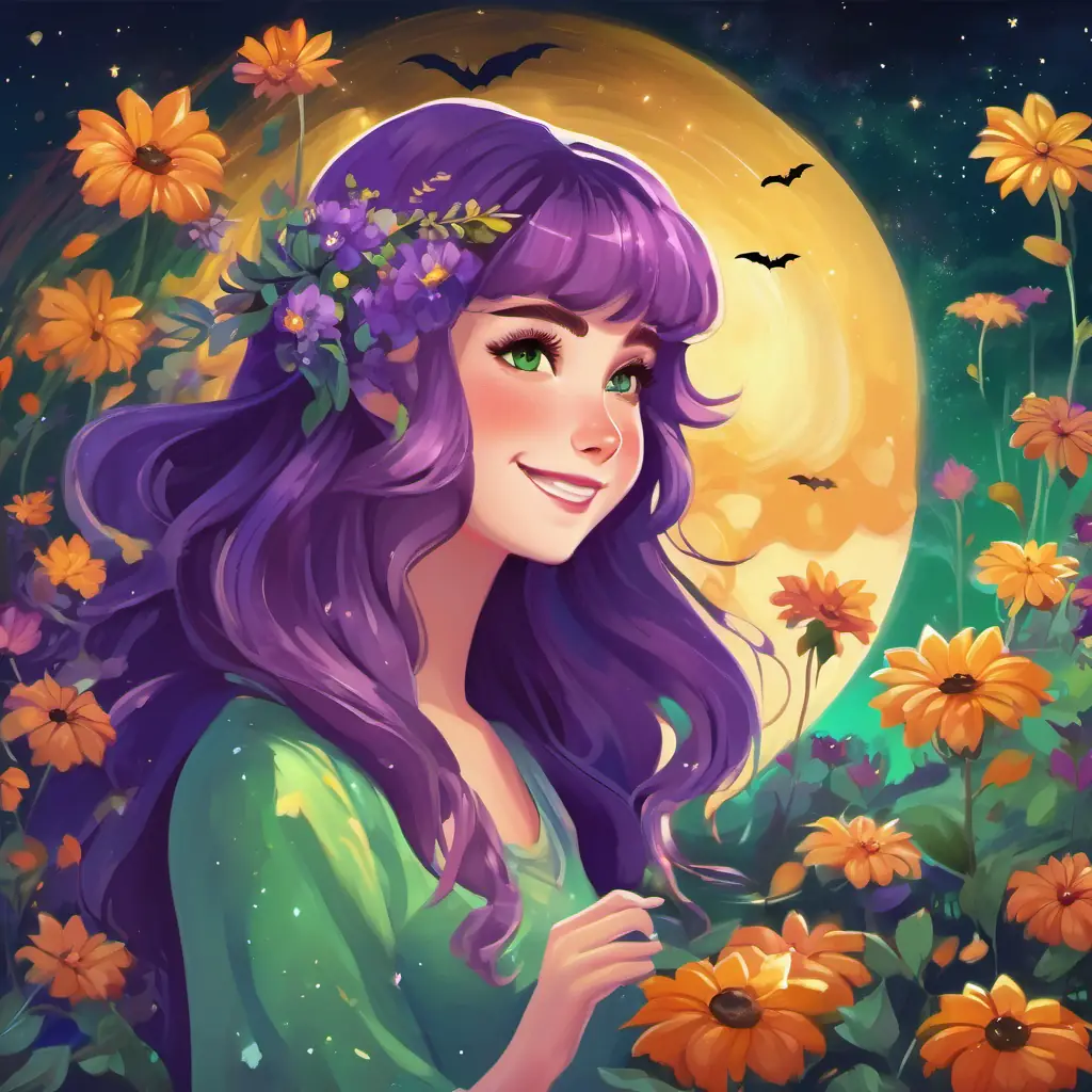 Mirthful Mountains, Brown hair, sparkly green eyes, always smiling, lively and kind-hearted and Shimmering purple hair, twinkling golden eyes, always sparkling and dancing, magical and zesty frolicking, colorful flowers blooming