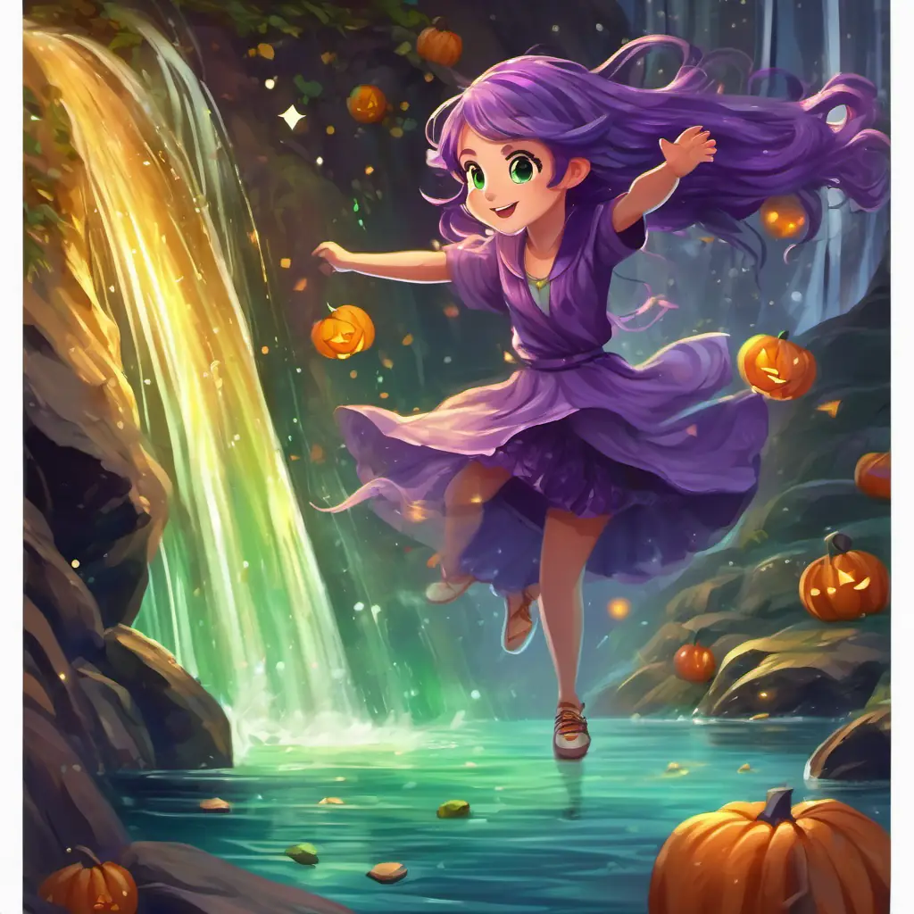 Wondrous Waterfall, splashing water, Brown hair, sparkly green eyes, always smiling, lively and kind-hearted and Shimmering purple hair, twinkling golden eyes, always sparkling and dancing, magical and zesty laughing and dancing