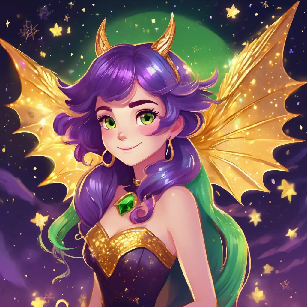 Dithering Dragons snickering, Brown hair, sparkly green eyes, always smiling, lively and kind-hearted and Shimmering purple hair, twinkling golden eyes, always sparkling and dancing, magical and zesty standing tall and colorful sparkles flying around