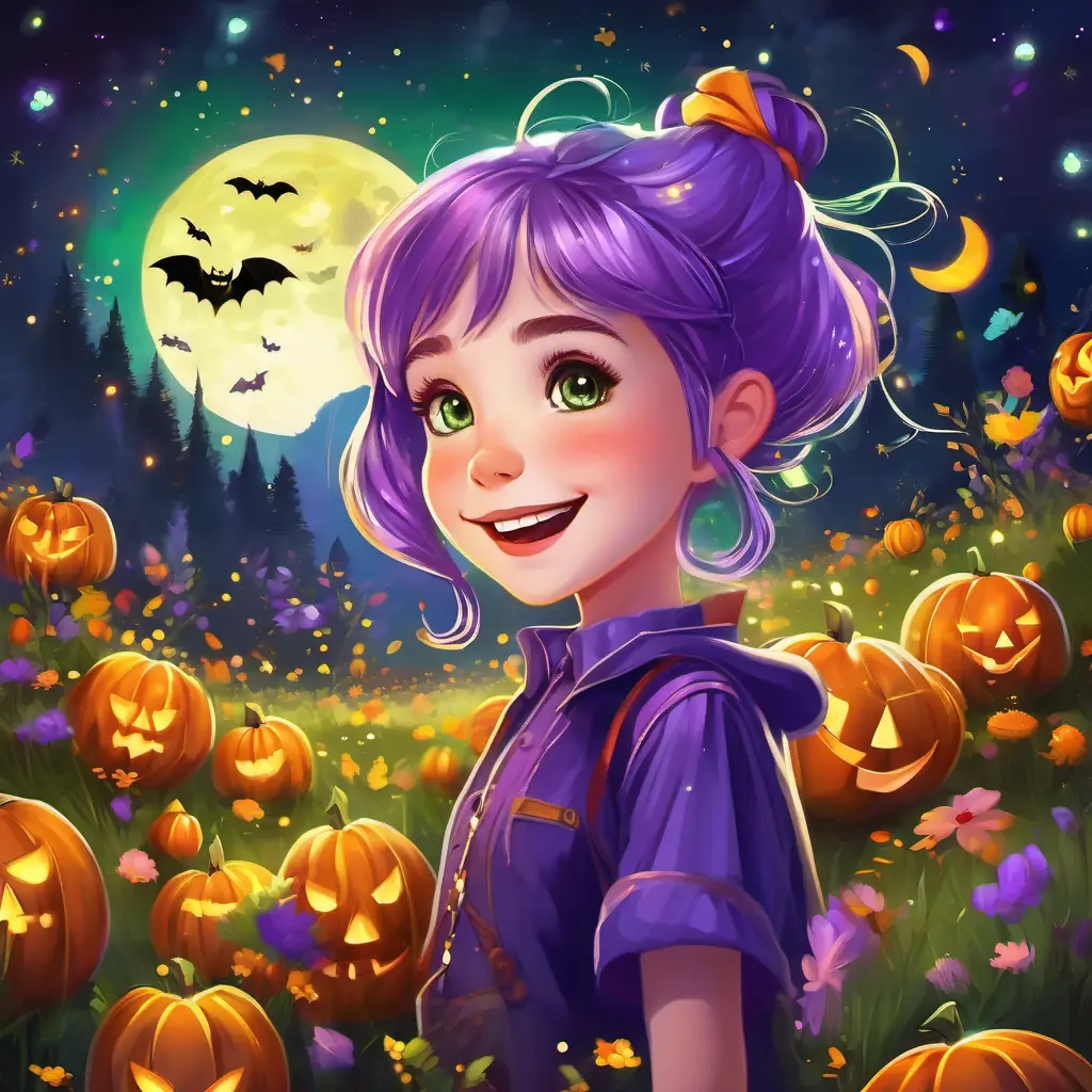 Moonbeam Meadow lively with laughter, Shimmering purple hair, twinkling golden eyes, always sparkling and dancing, magical and zesty and Brown hair, sparkly green eyes, always smiling, lively and kind-hearted dancing, colorful sparkles everywhere