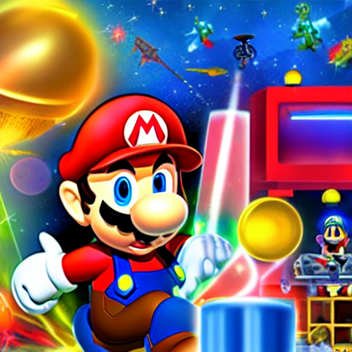 The page features Mario sitting in their 'lab' surrounded by various instruments and devices. The aliens are gesturing towards a glowing container filled with a golden liquid. They seem pleased and happy to be sharing their discovery with Mario.