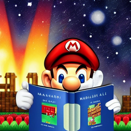 The final page depicts Mario sitting on the steps of his home, holding a book about his journey. In the background, we can see a vast expanse of stars in the night sky. The tone of the page is calm and peaceful, as the story concludes with the message that anything is possible with bravery and determination.