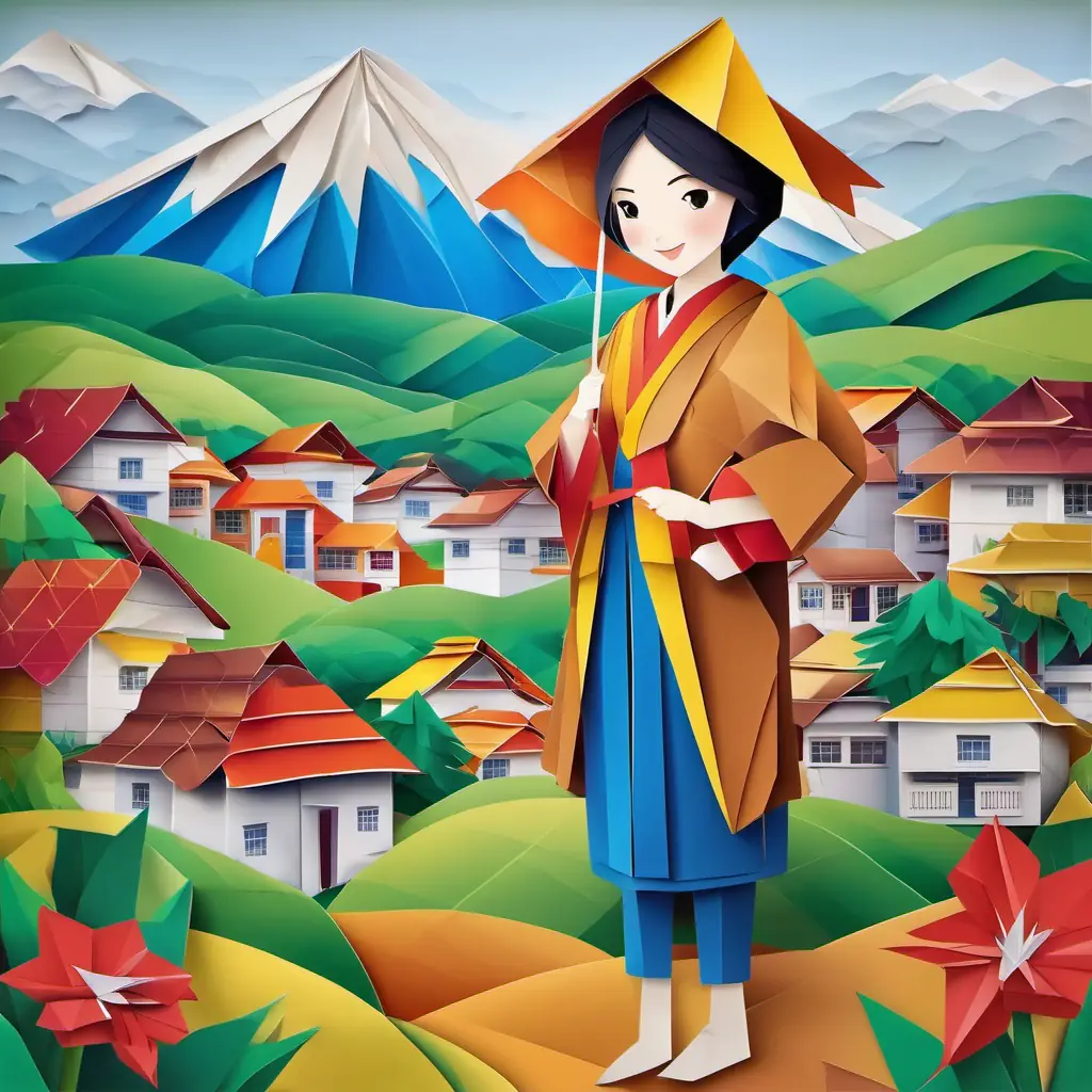 Warm-hearted with shining brown eyes, always wearing a friendly smile standing in front of her village, with mountains in the background.