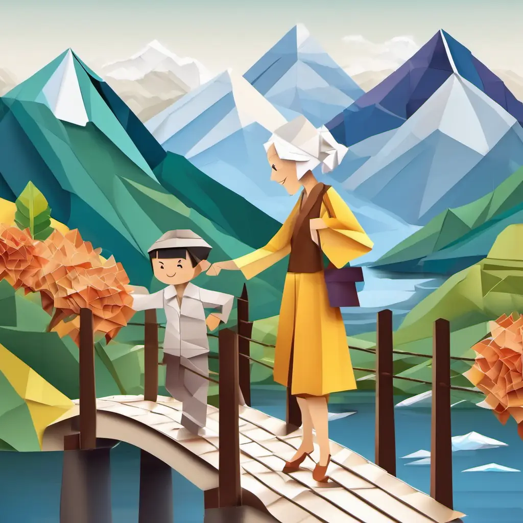 Warm-hearted with shining brown eyes, always wearing a friendly smile smiling as she helps an elderly person cross a bridge, with mountains in the background.