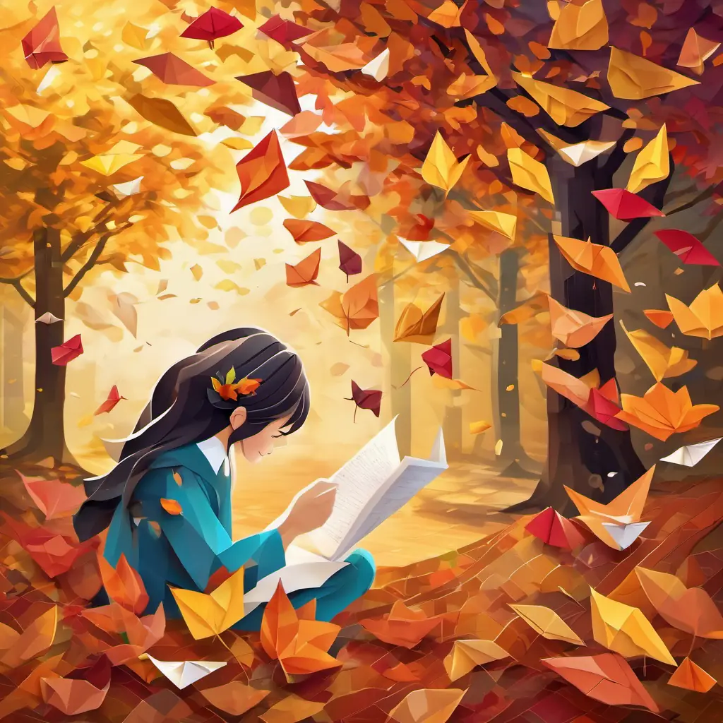 Warm-hearted with shining brown eyes, always wearing a friendly smile reading a letter with tears of joy streaming down her face, surrounded by vibrant autumn leaves.