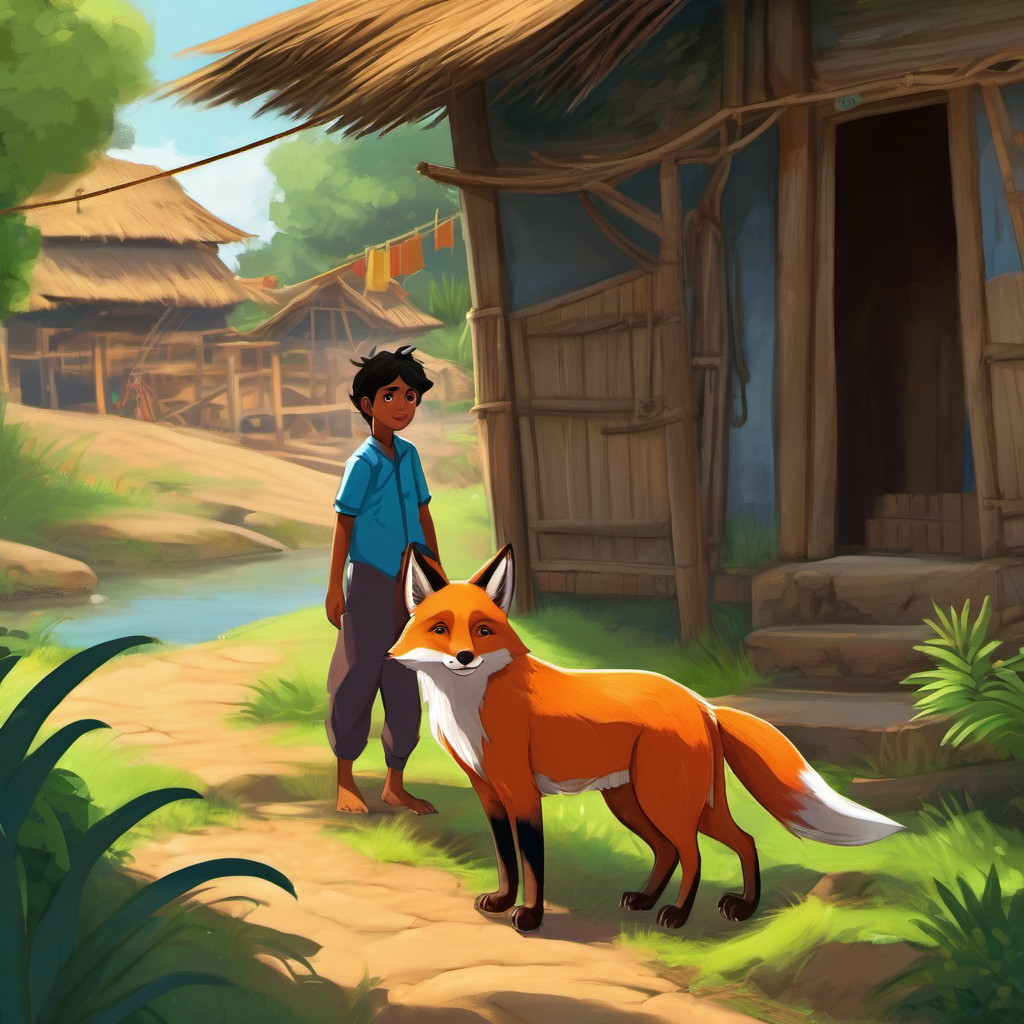 Once upon a time in a small village in Bangladesh, there lived a clever little fox named Shayal. Shayal loved going on adventures and exploring new places. One sunny day, Shayal met a young boy named Khokon, who lived in the village. Khokon was always accompanied by his big black dog, Kalu, and his older sister, Khuku. One day, as Khokon and Shayal were playing by the riverside, they noticed an old lady named Nani Buri sitting on a traditional boat. Shayal and Khokon were curious and approached her.
