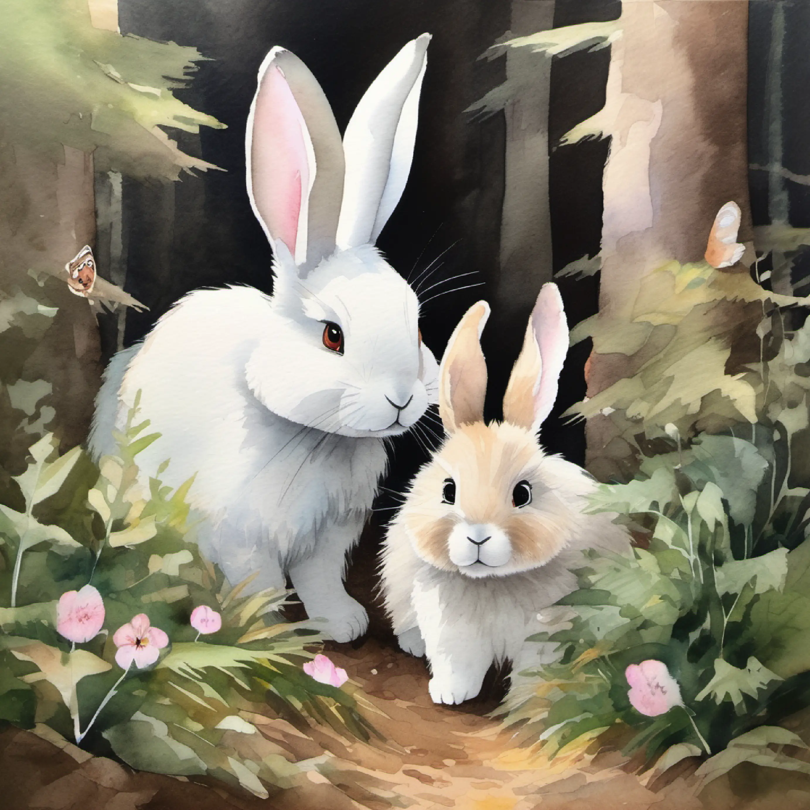Introduction to Small rabbit, fluffy white fur, twinkling pink eyes and Large bear, fuzzy brown fur, warm brown eyes in their forest home.