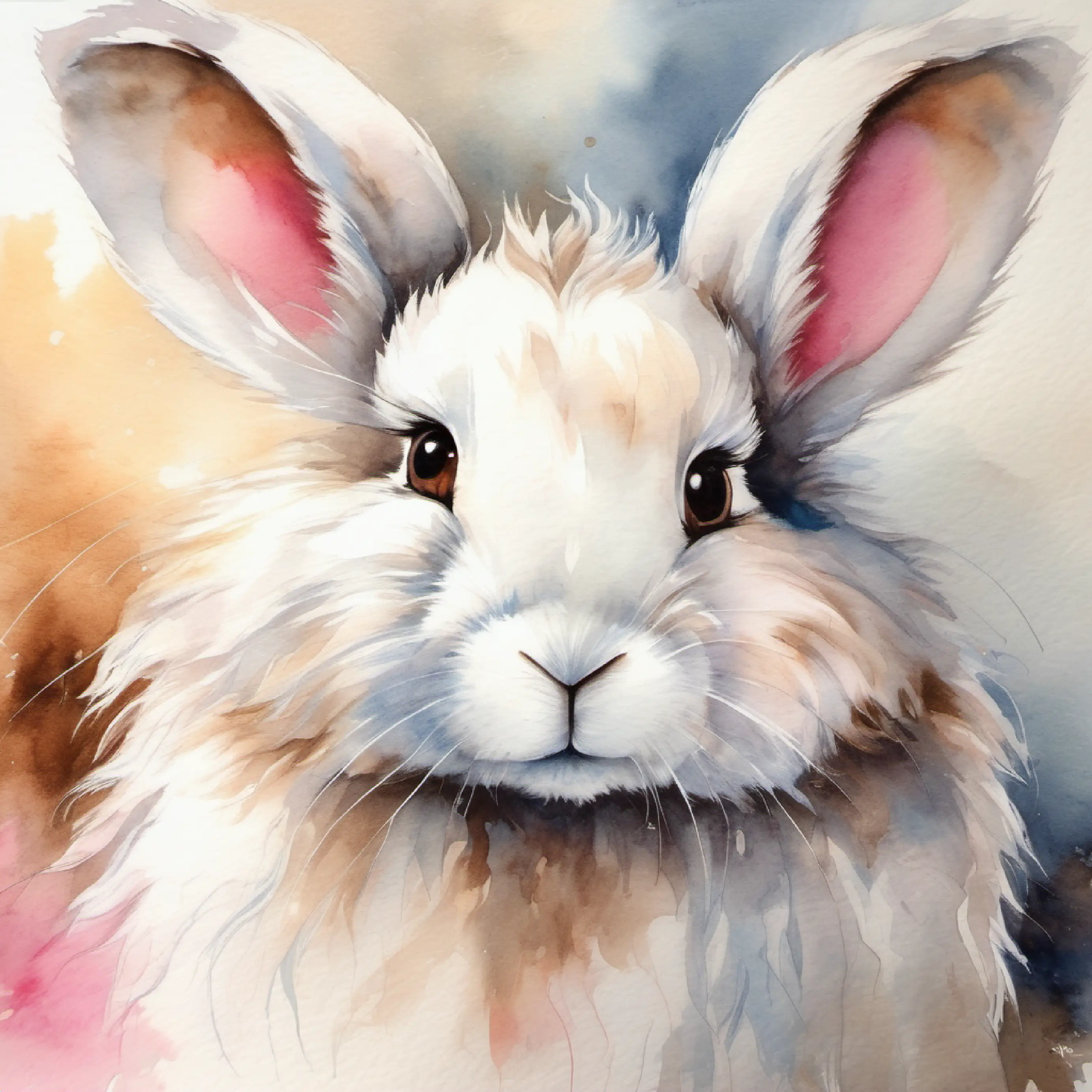 Small rabbit, fluffy white fur, twinkling pink eyes's excitement and Large bear, fuzzy brown fur, warm brown eyes's calmness, highlighting differences.