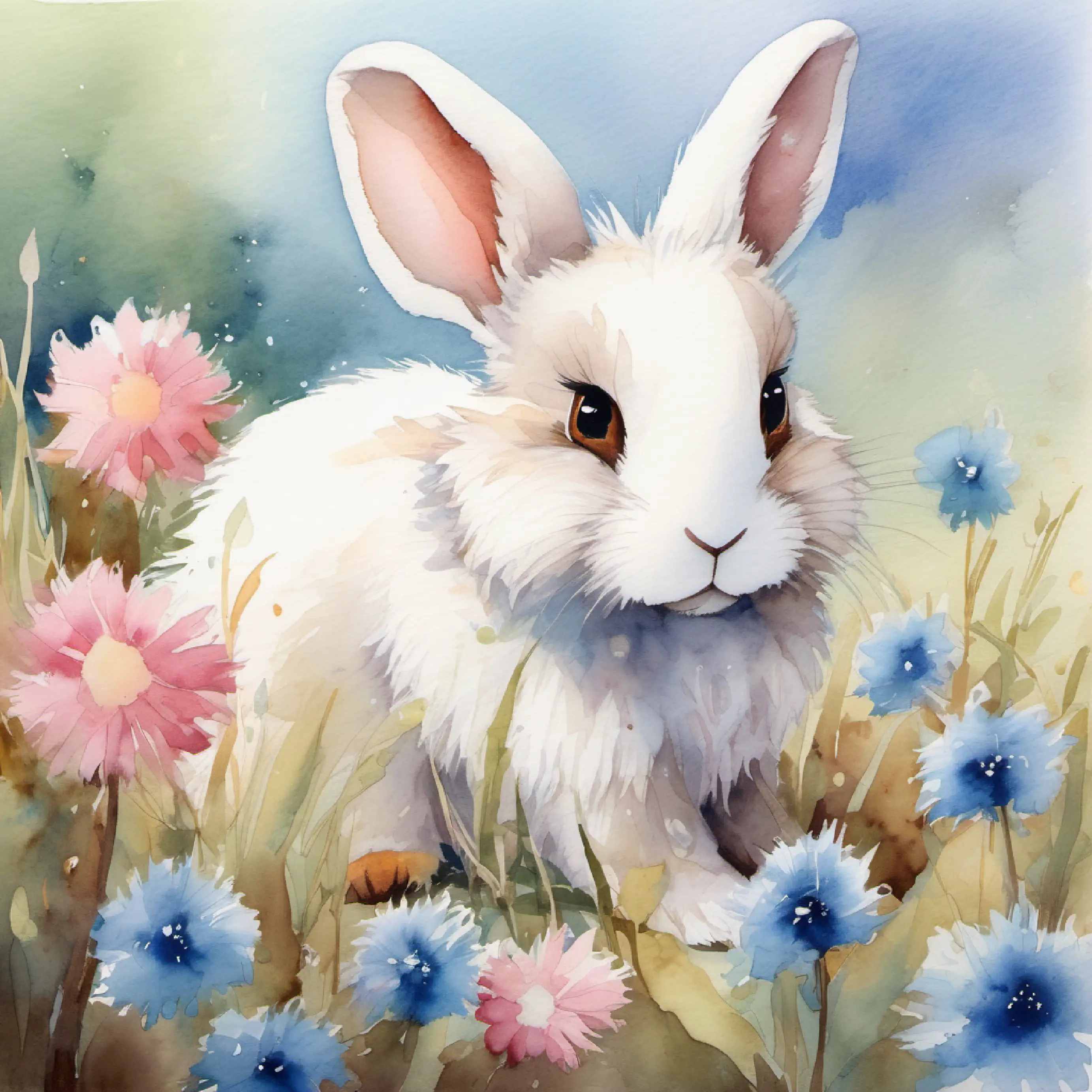 Small rabbit, fluffy white fur, twinkling pink eyes discovering a blue flower, grabbing Large bear, fuzzy brown fur, warm brown eyes's attention.