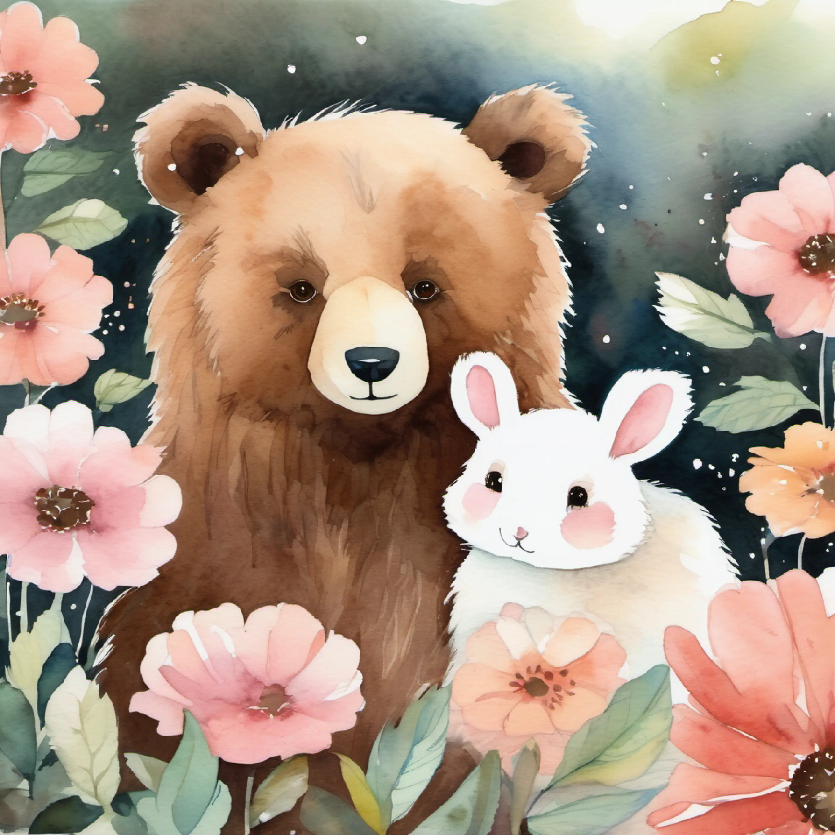 Large bear, fuzzy brown fur, warm brown eyes agreeing with Small rabbit, fluffy white fur, twinkling pink eyes, both admire the flower.