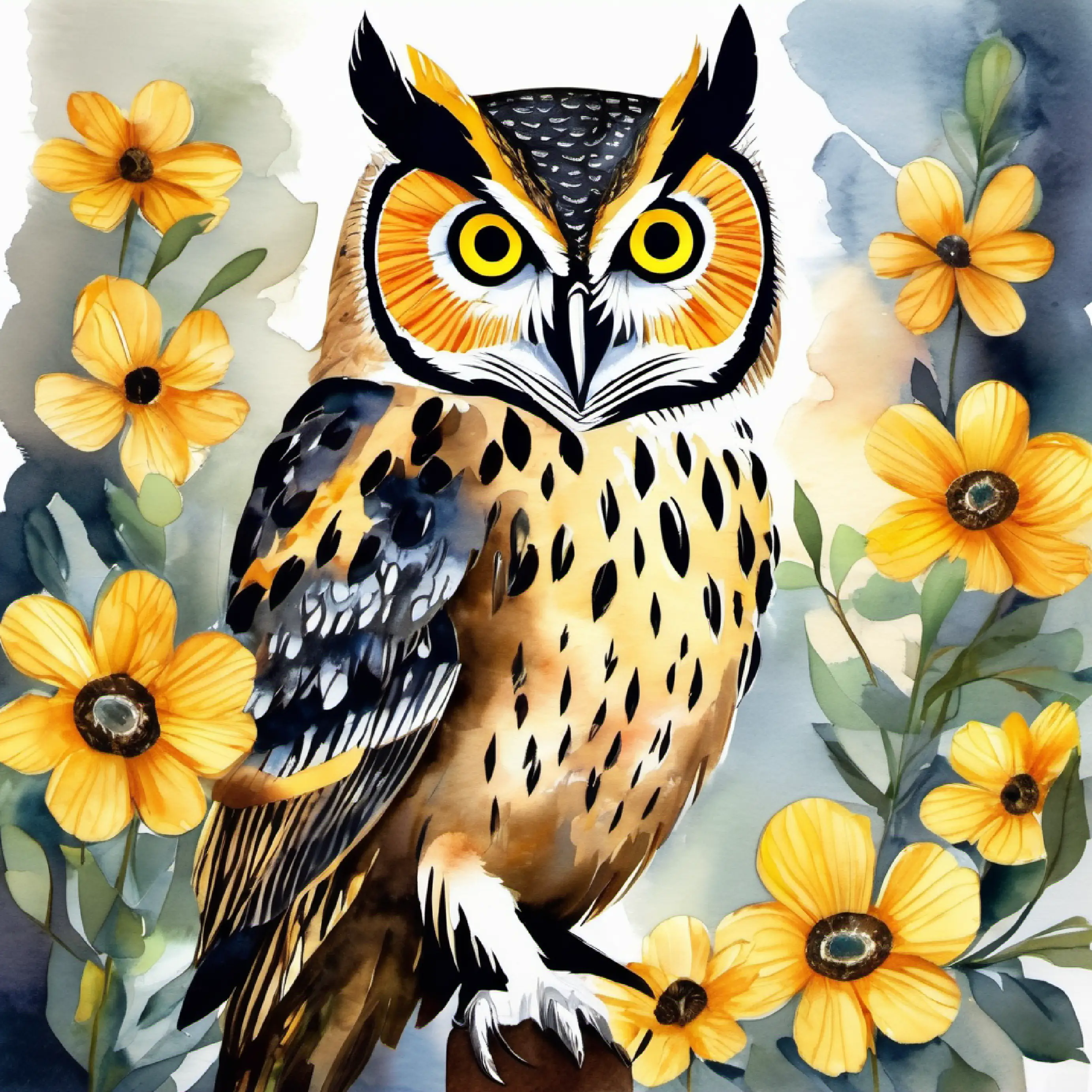 Wise owl, mottled feathers, sharp yellow eyes providing information about the flower, friends are learning.