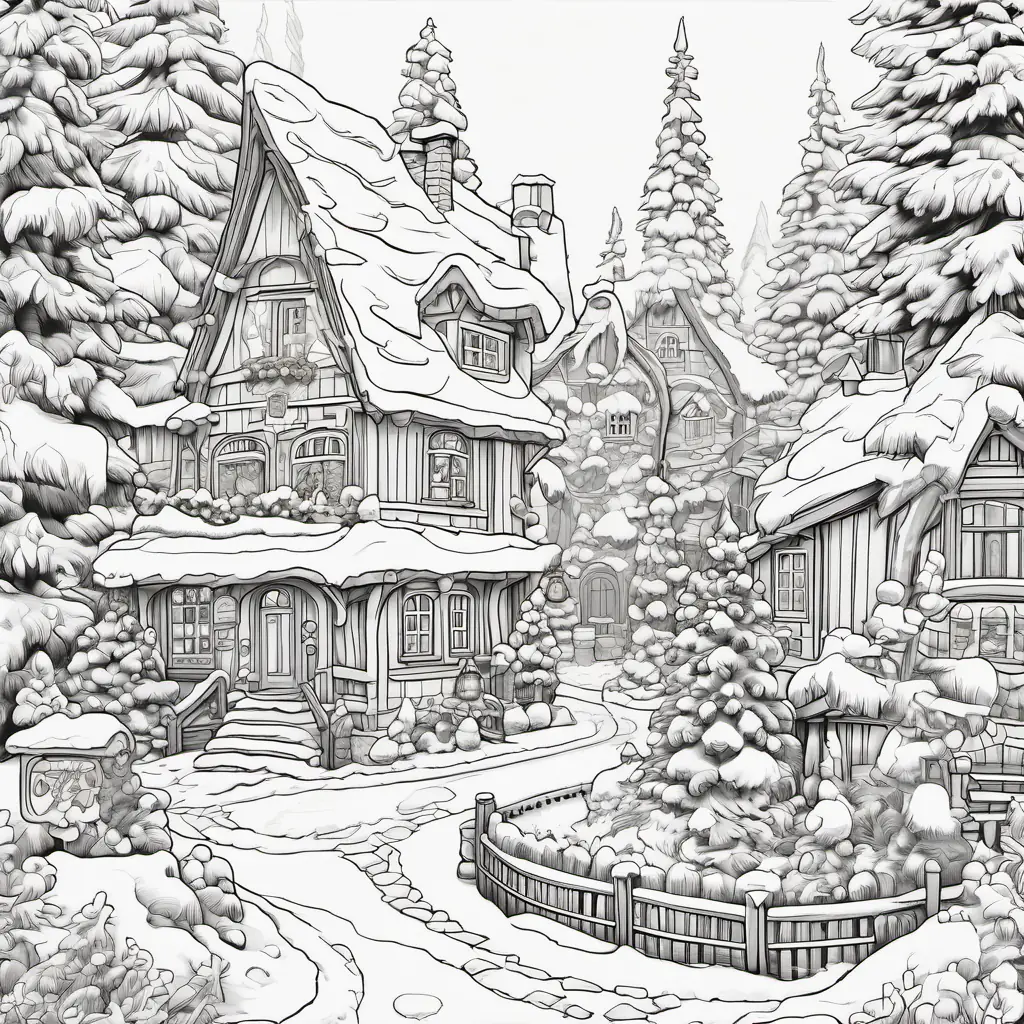 A snowy, enchanting land filled with brightly lit Christmas trees and cozy cottages. Santa's workshop stood tall in the center, surrounded by joyous elves.