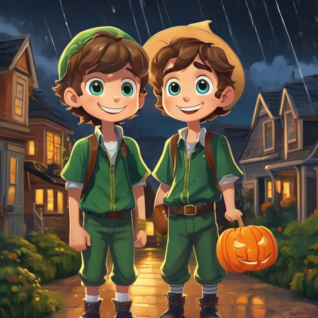 Timmy has brown hair, blue eyes, and a big smile and Tommy has blonde hair, green eyes, and a contagious laugh standing outside in Sunnyville, looking up at the dark clouds and raindrops falling