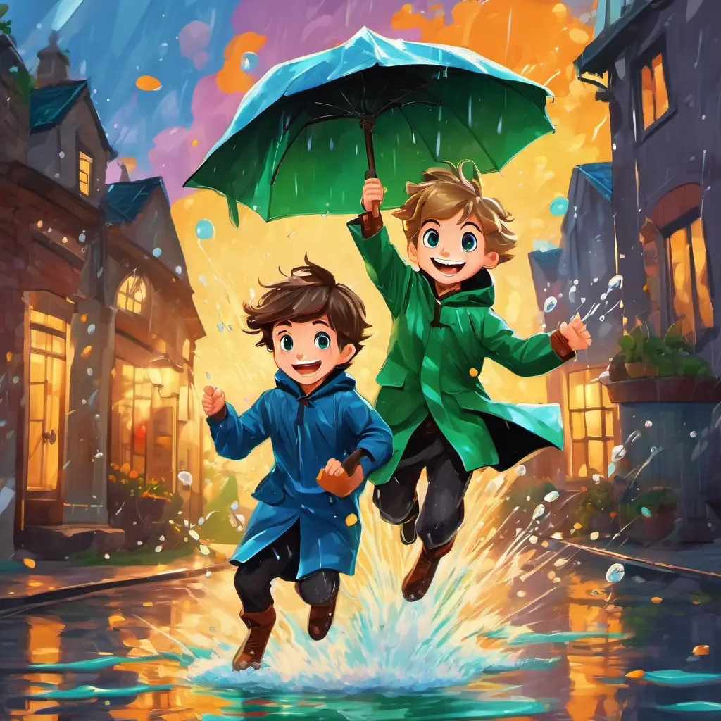 Timmy has brown hair, blue eyes, and a big smile and Tommy has blonde hair, green eyes, and a contagious laugh wearing raincoats and holding colorful umbrellas, jumping into a big puddle and splashing water