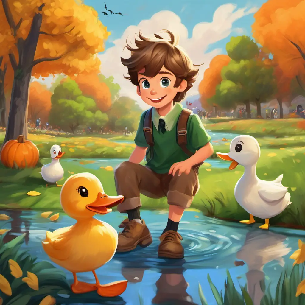 Timmy has brown hair, blue eyes, and a big smile and Tommy has blonde hair, green eyes, and a contagious laugh at the park, taking off their shoes and socks, joining ducks in a pond, pretending to be ducks