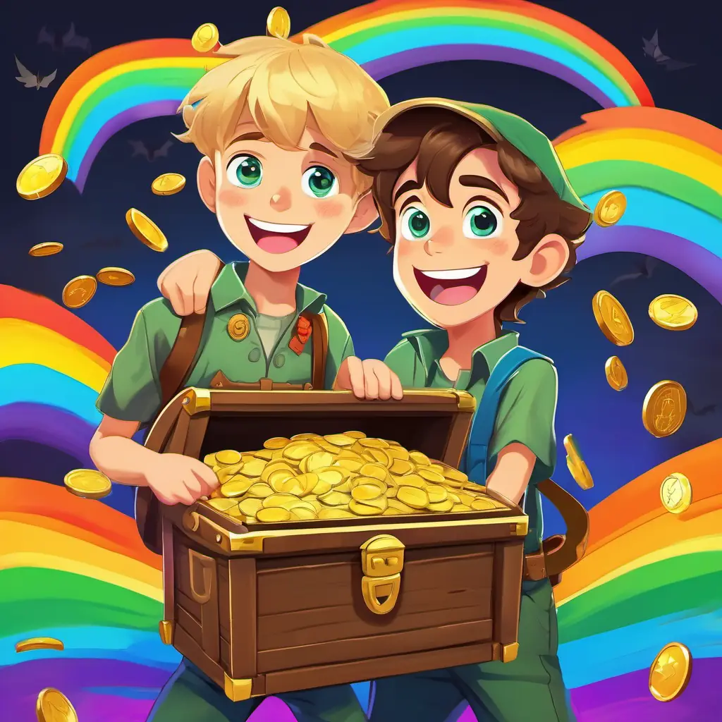 Timmy has brown hair, blue eyes, and a big smile and Tommy has blonde hair, green eyes, and a contagious laugh following a rainbow, finding a treasure chest with gold coins and a note