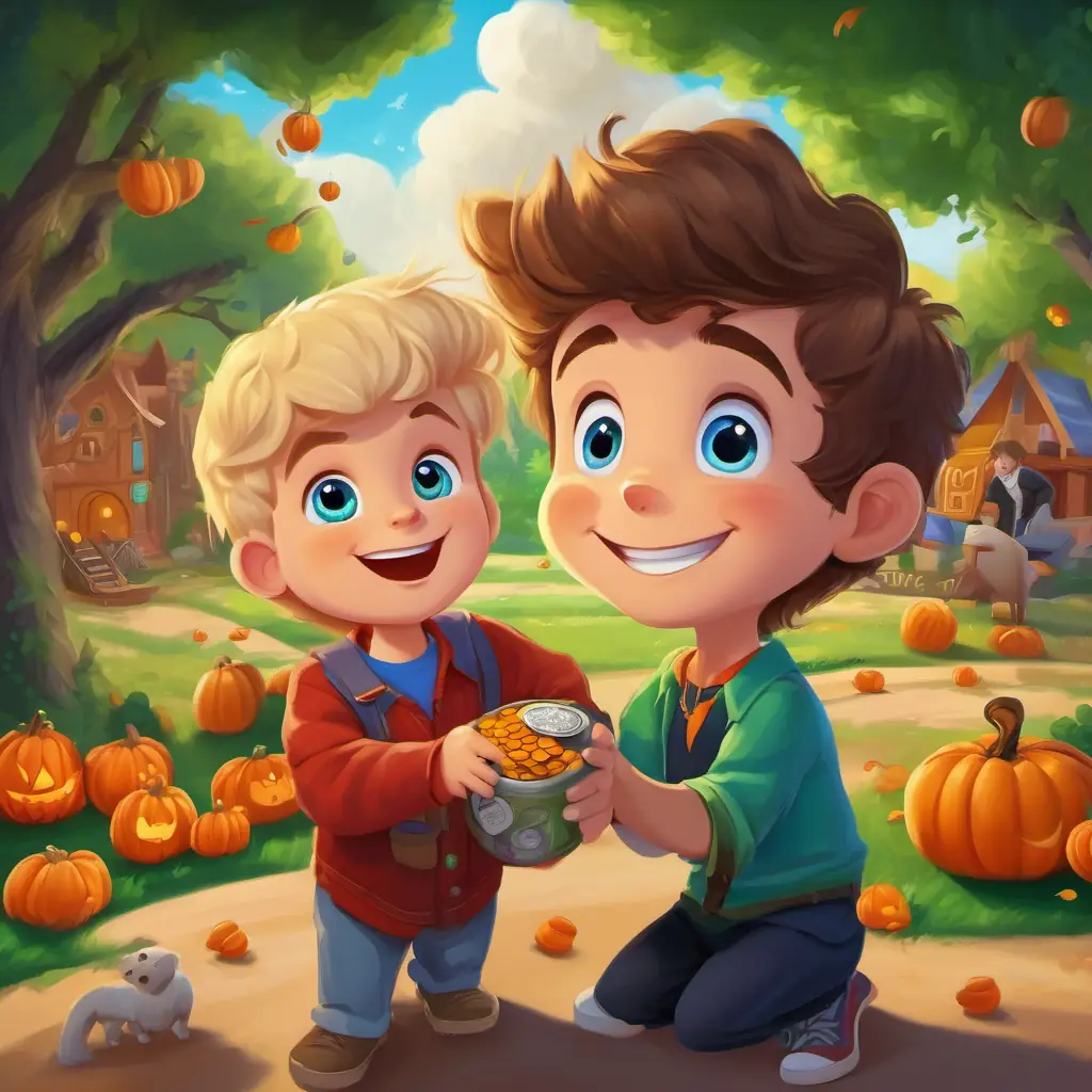 Timmy has brown hair, blue eyes, and a big smile and Tommy has blonde hair, green eyes, and a contagious laugh giving toys to children and donating coins for a new playground