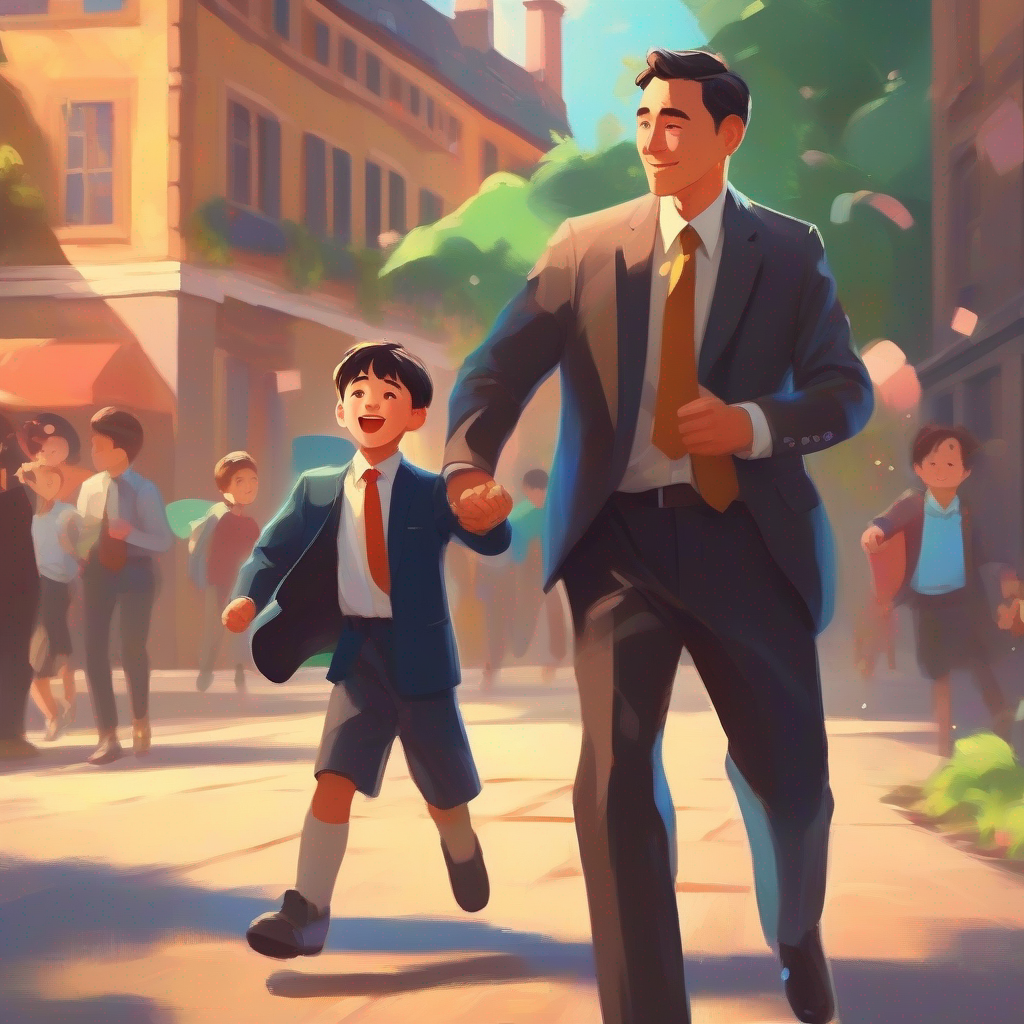 A father in a suit, determined to find a job celebrating with A happy and determined young boy, both happy.