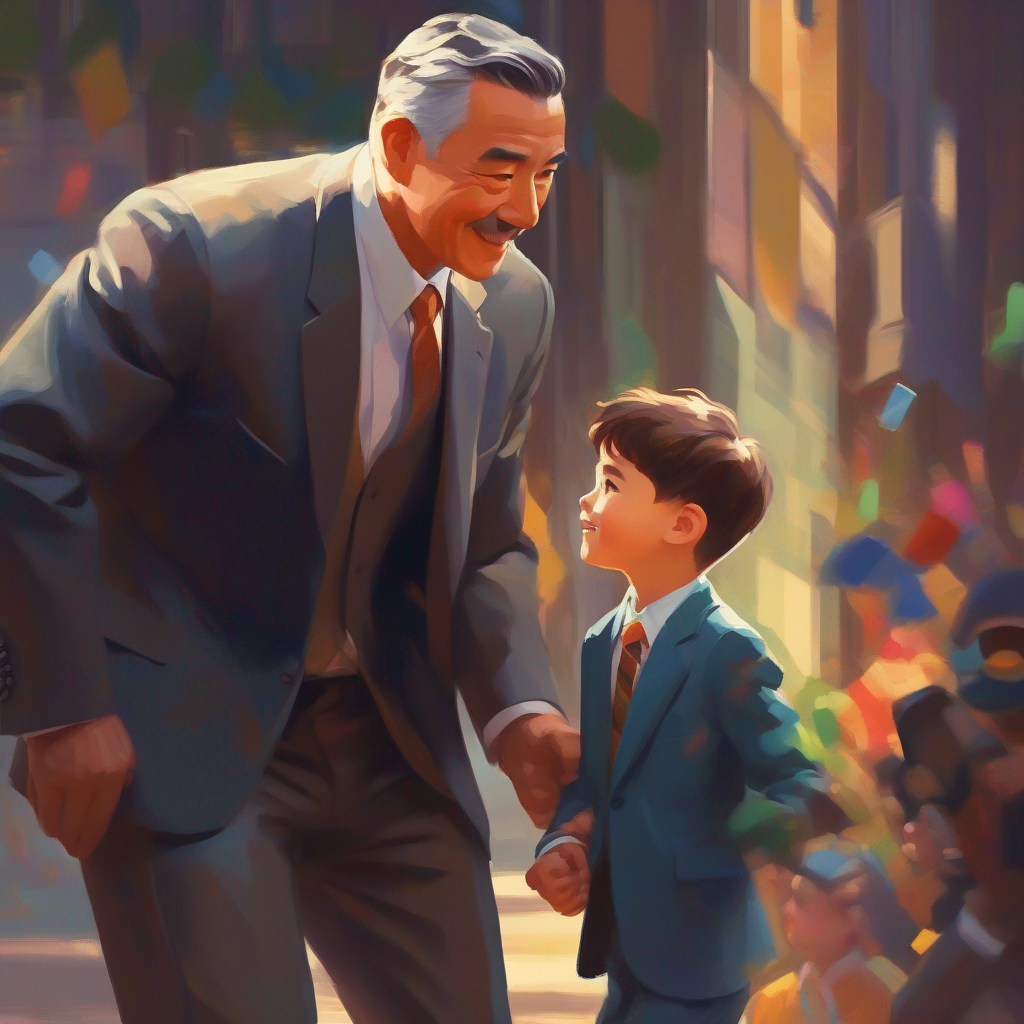 A father in a suit, determined to find a job and A happy and determined young boy playing games, strong bond.