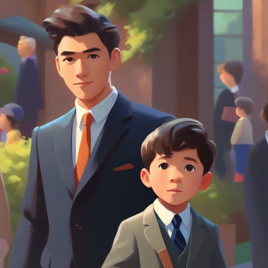 A father in a suit, determined to find a job successful, A happy and determined young boy achieving great things.