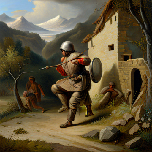 A soldier defending the village with a shield