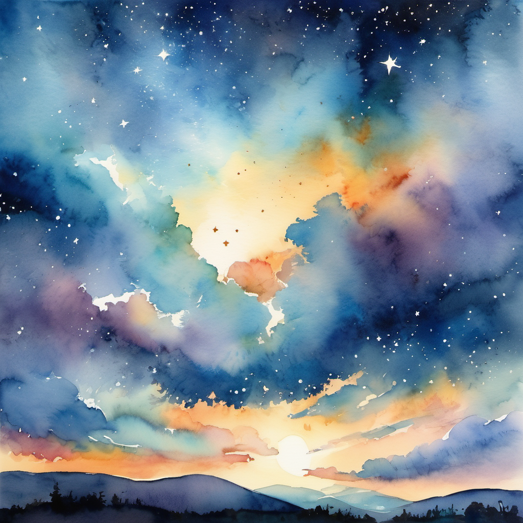 On the second day, the God created the sky. The sky was vast and covered the whole world. The God painted the sky with beautiful colors like blue during the day and filled it with twinkling stars at night. The God knew that the sky reminded people of endless possibilities.