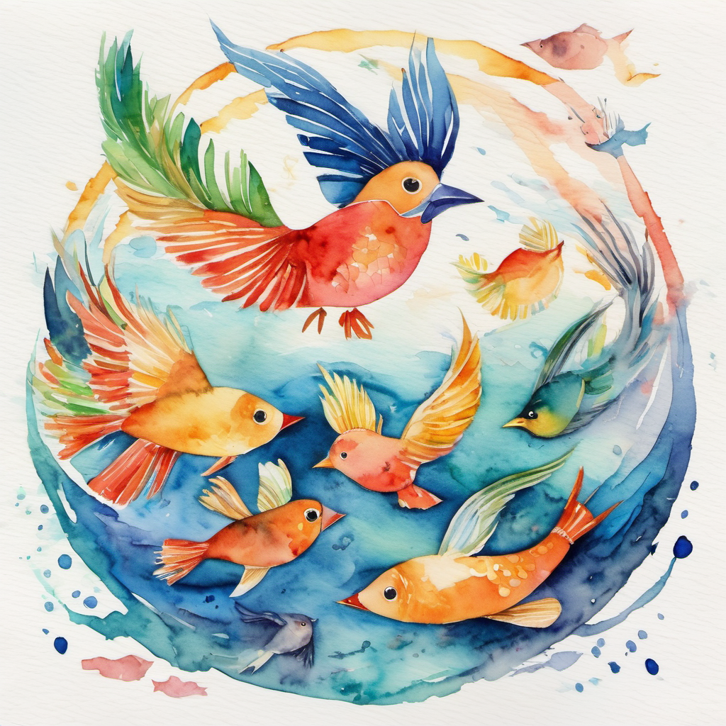 On the fifth day, the God filled the sky and seas with birds and fishes. The God created different birds with colorful feathers, and fishes with beautiful scales. The God loved how the birds flew freely in the sky and fishes swam gracefully in the waters.