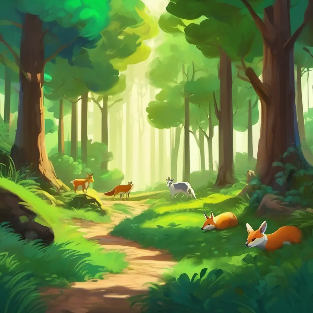 Peaceful forest with animals, disruption by arriving machines.