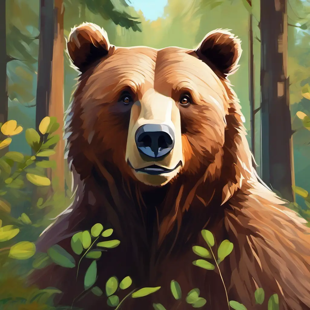 Brown bear, friendly eyes, always looks curious startled by noises, trees shaking.