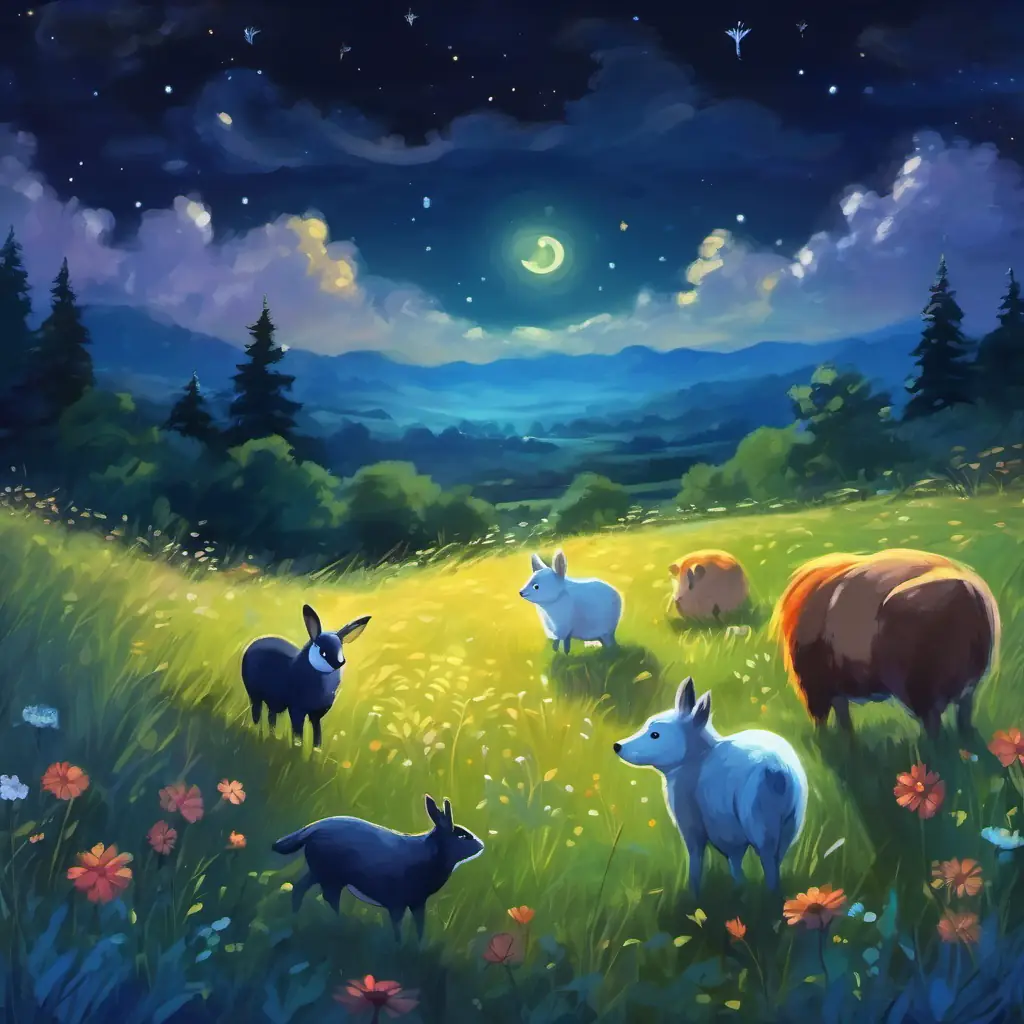 Animals in meadow at night, grateful for friendship, hopeful message.
