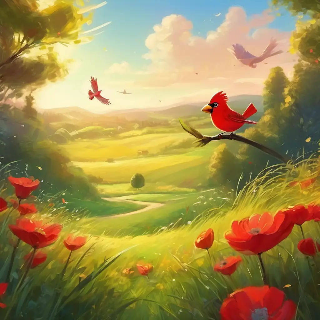 Animals discover a new meadow, Red bird with a crest, sparkly eyes, swift flyer excited.