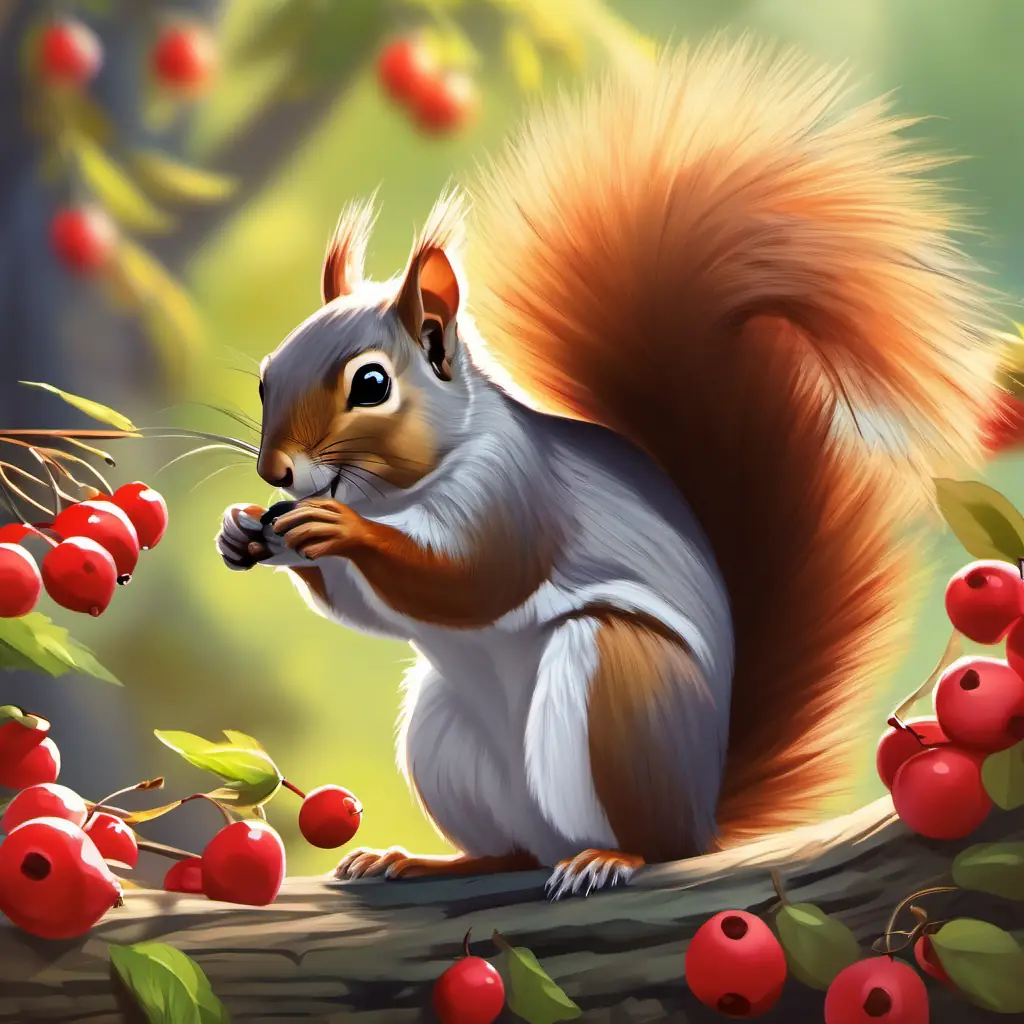 Gray squirrel, bushy tail, energetic scamperer finds new berries, friends are happy.
