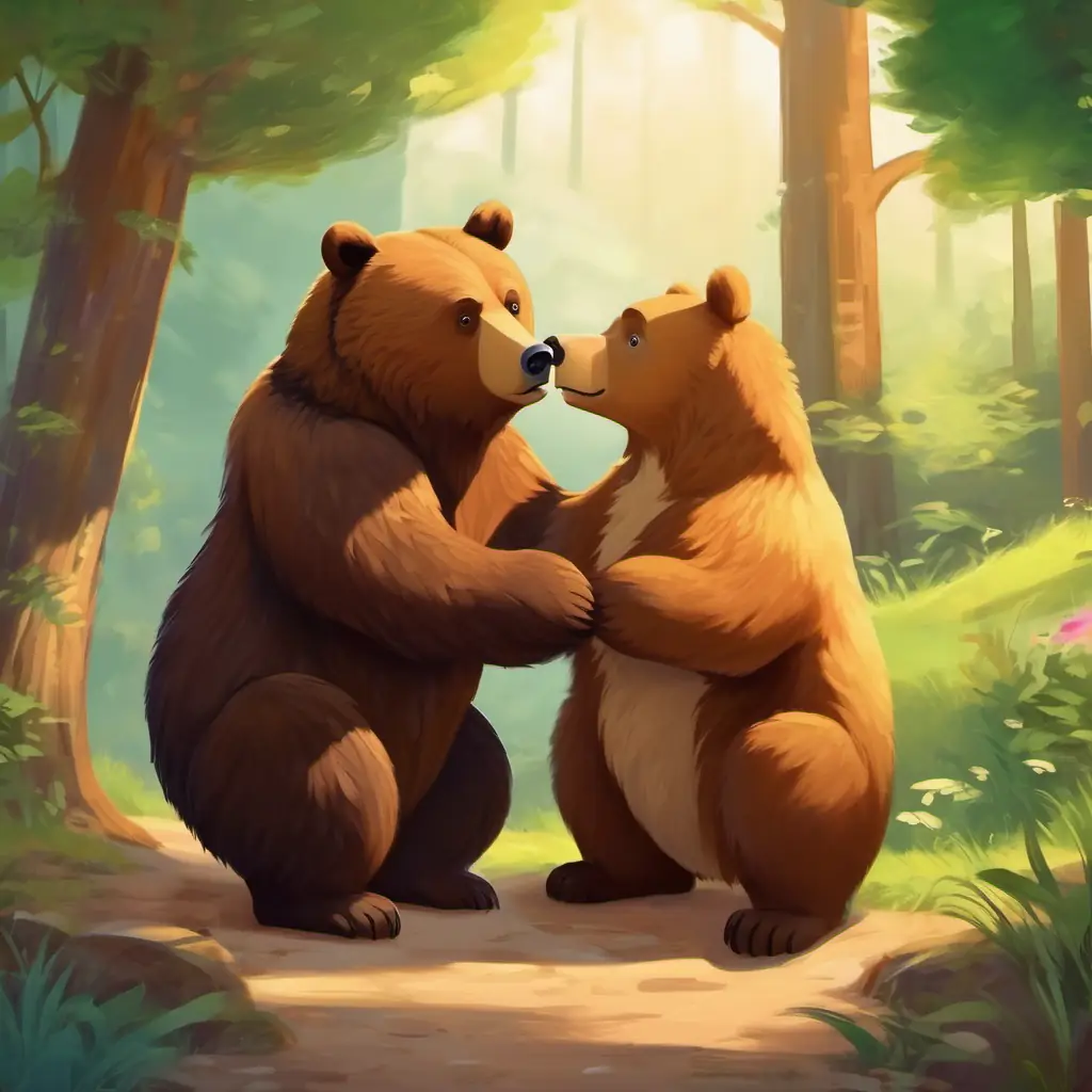 Animals plan to help each other, Brown bear, friendly eyes, always looks curious is encouraging.