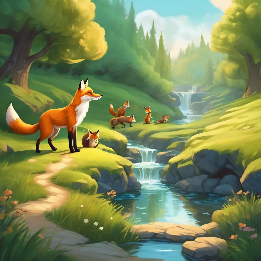 Fox discovers water source, animals make a path, group effort.