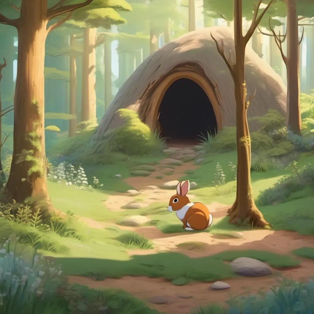 A quaint forest clearing with tall trees. A cozy burrow is seen in the background with a little rabbit and his mother.