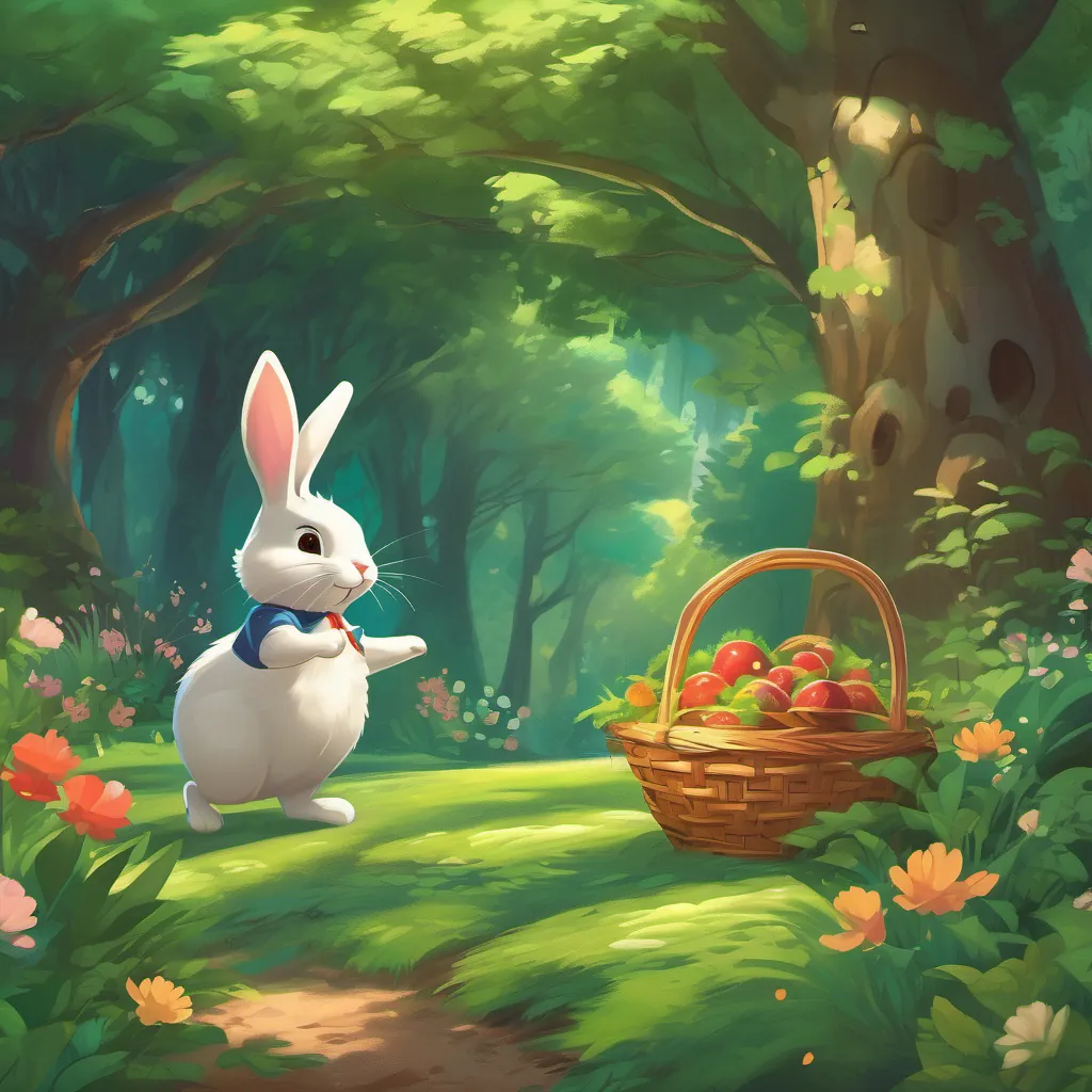 A happy little rabbit with a big basket hopping into a vibrant, enchanting forest filled with greenery.