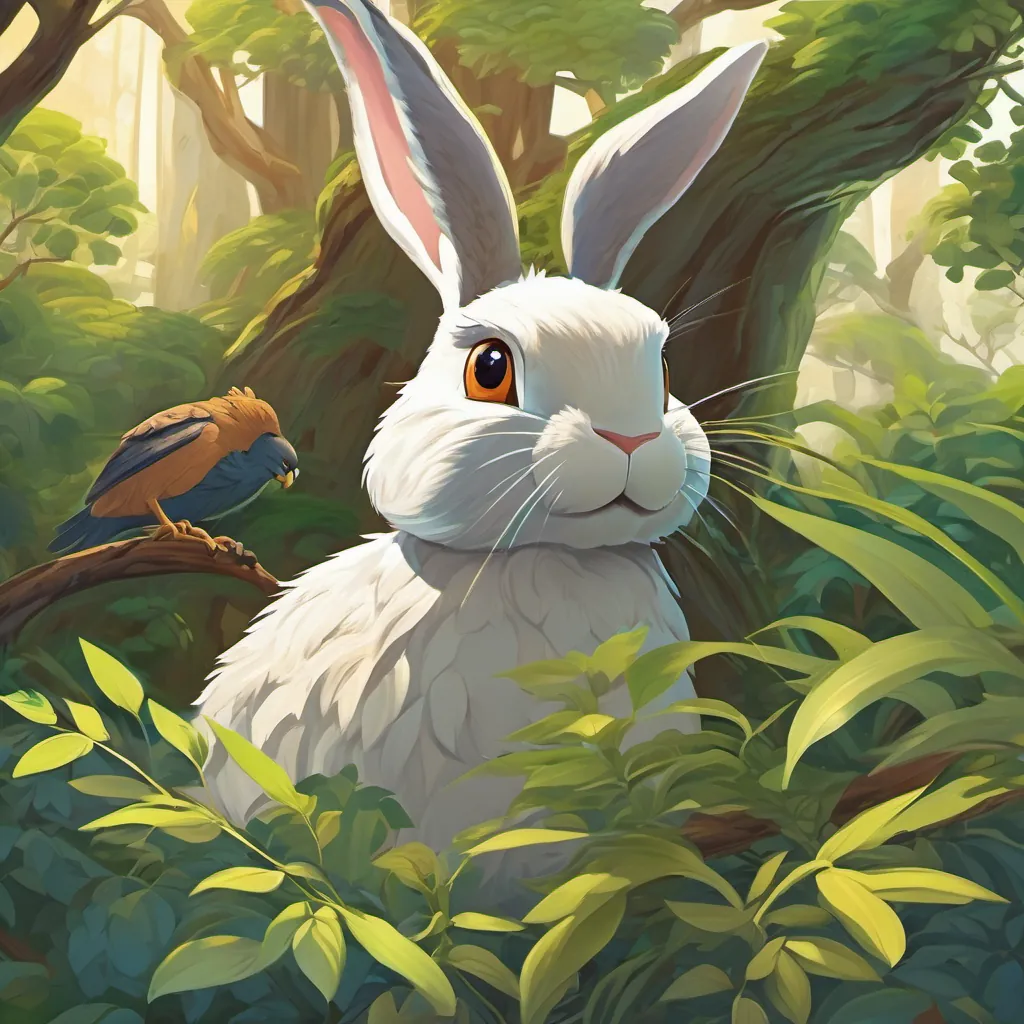 The rabbit peeking cautiously out from a leafy bush, relieved to see the eagle flying away.