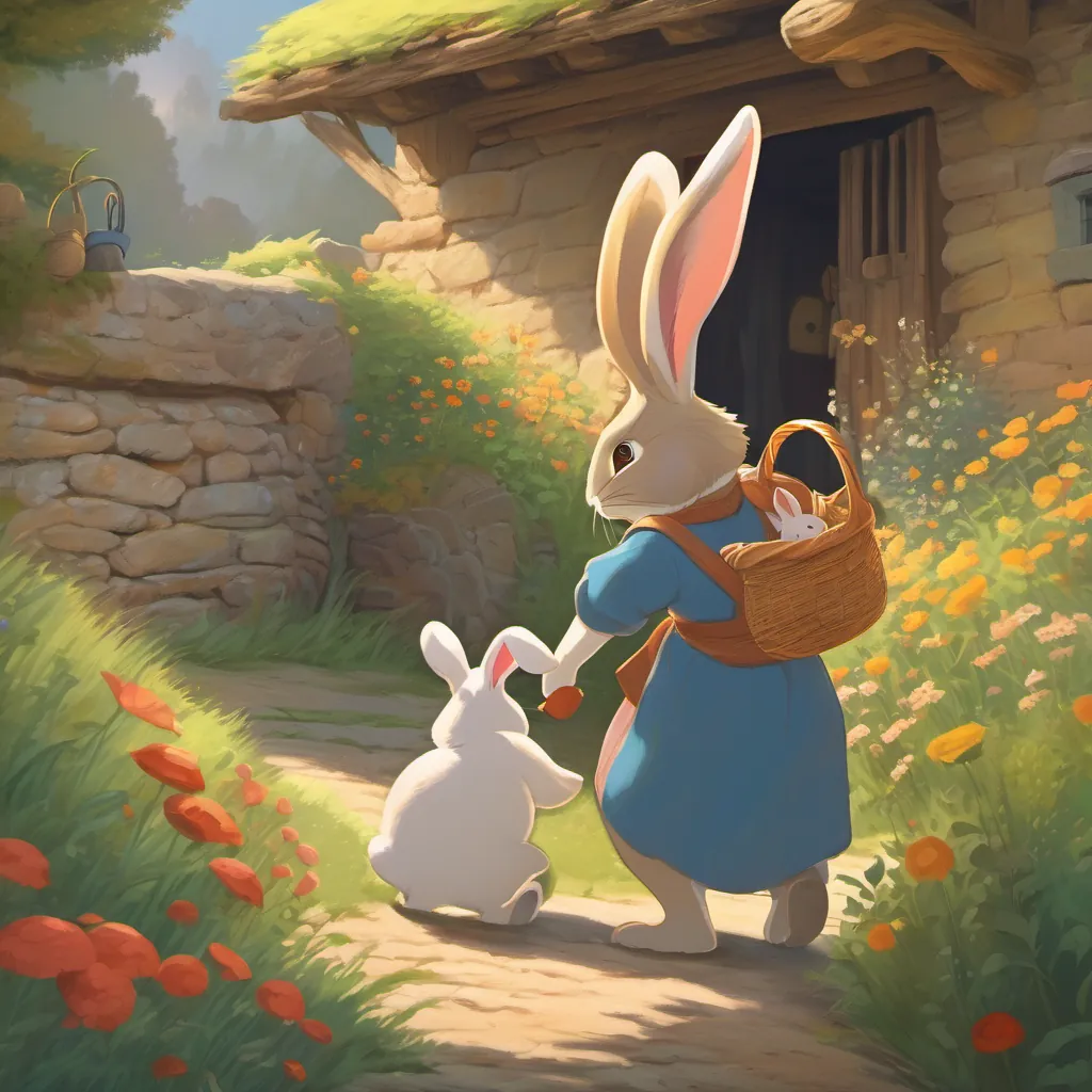 The rabbit arriving back at the burrow, showing off his basket to his joyful mother, sharing a heartfelt hug.