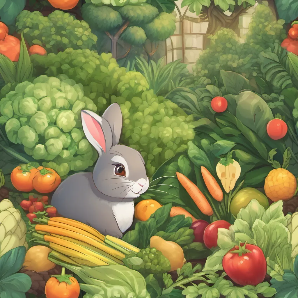 A rabbit with a joyful expression standing next to lush bushes full of vegetables and fruits.