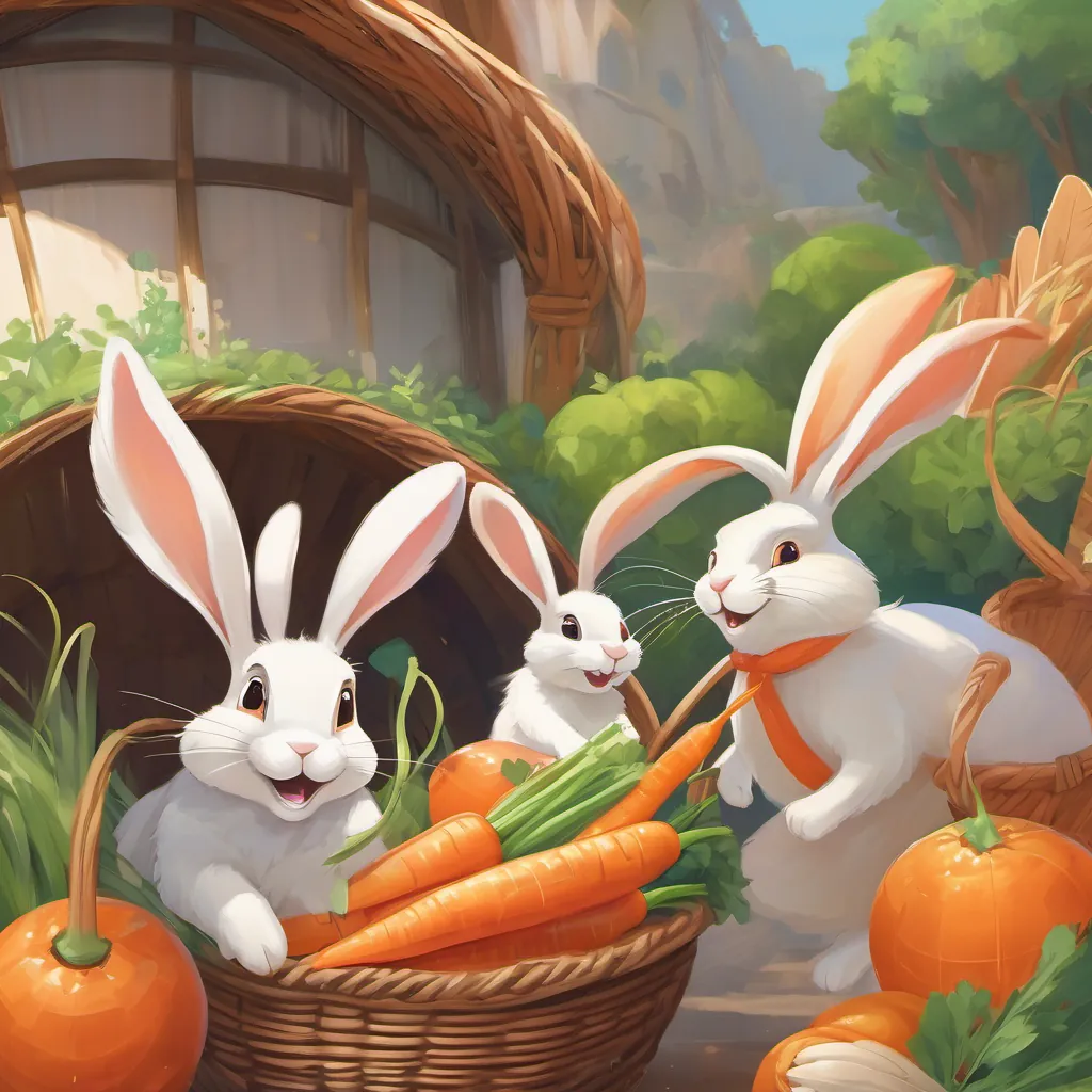 The rabbit picking a shiny carrot and a bright orange, placing them into his basket with glee.